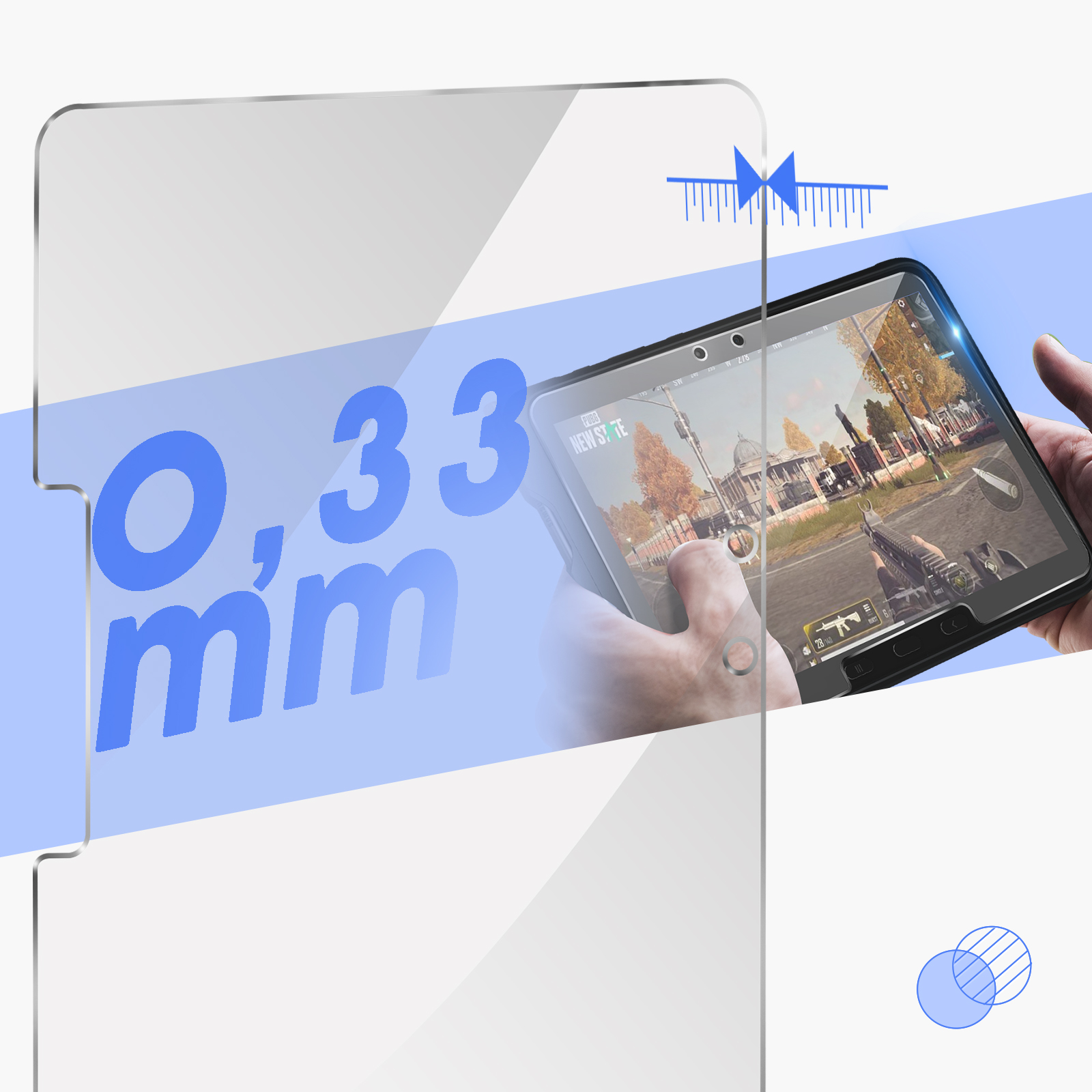 Una protezione per lo schermo del tablet con uno spessore di 0,33 mm è mostrata su un tablet che mostra un gioco.