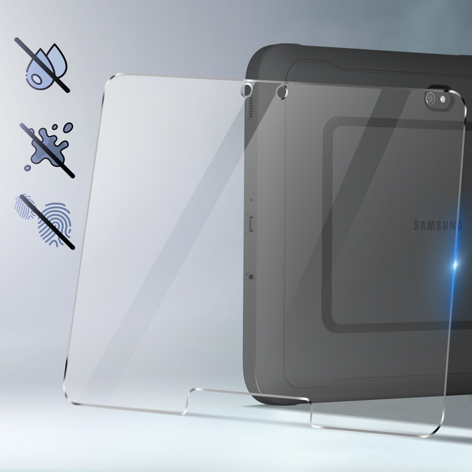 Tablet con protezione schermo. Protezione trasparente davanti al tablet. Icone indicano resistenza all'acqua e impronte.