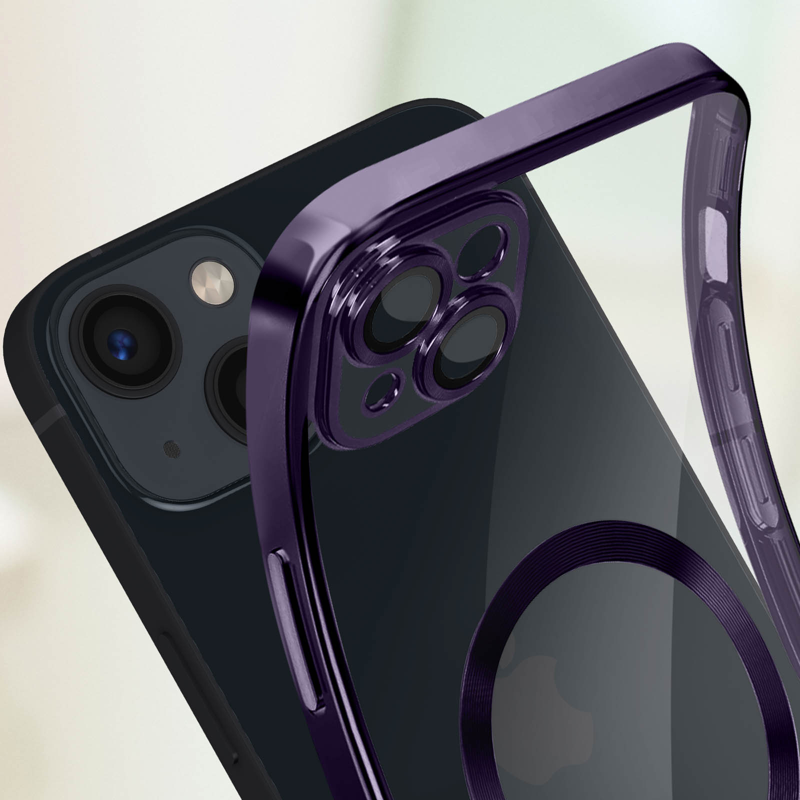 La cover posteriore di un telefono con una cornice viola. Il telefono è nero.