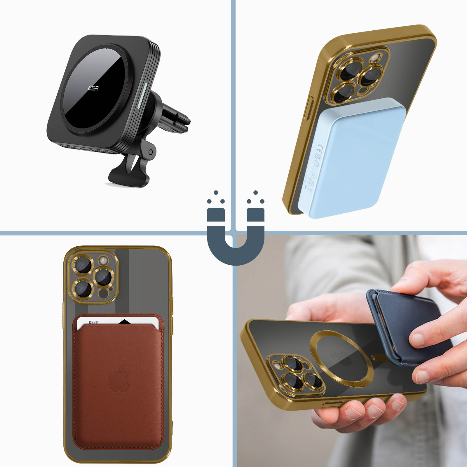 Eine Collage von Telefonzubehör, einschließlich einer Autohalterung und einer Geldbörse. Magnete sind beteiligt.