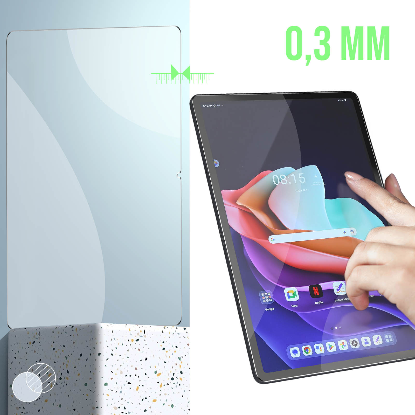Un tablet con una protezione per lo schermo e una protezione per lo schermo in vetro. Lo schermo mostra una schermata iniziale.