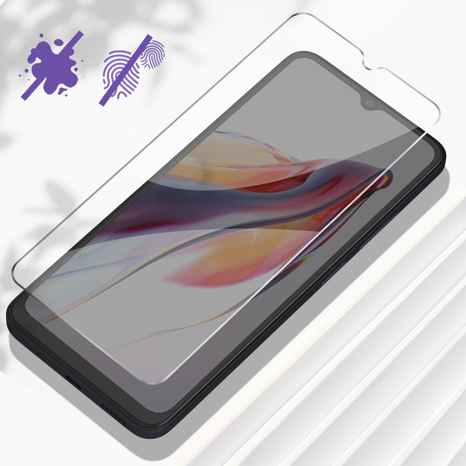 Un écran de téléphone avec un protecteur d'écran appliqué. Des symboles d'empreintes digitales et de saleté sont affichés.