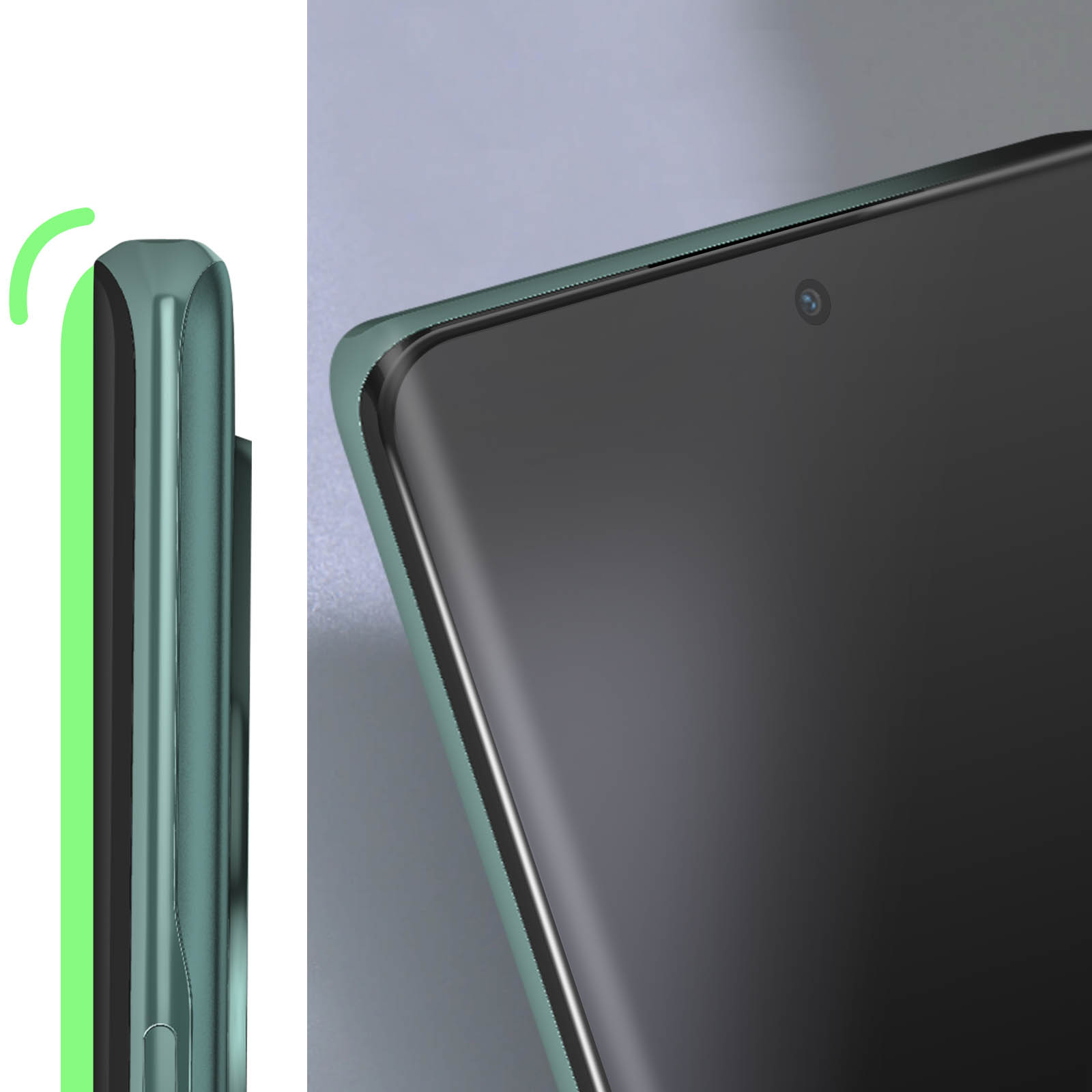Gros plan sur le bord du téléphone avec un protecteur d'écran. Vert et noir sont visibles.