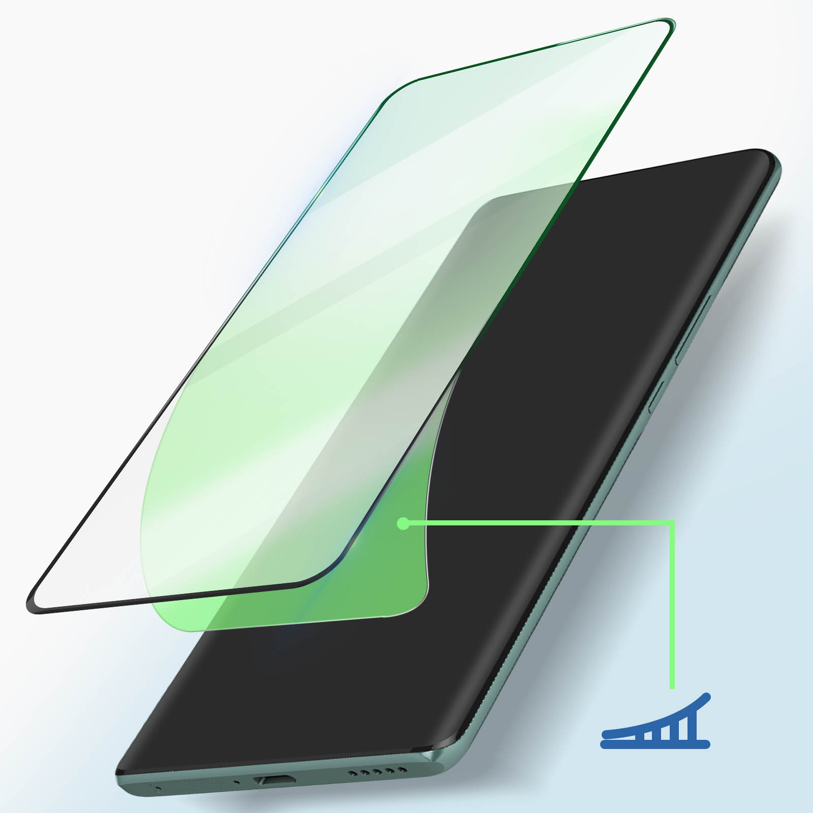 Protecteur d'écran de téléphone en cours d'application. Le téléphone est noir. Protecteur d'écran vert. Fond bleu et blanc.