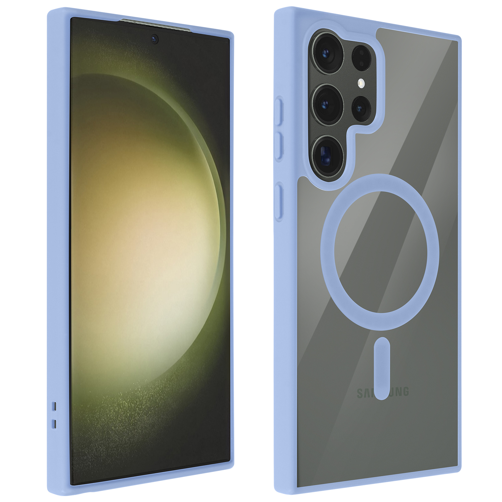 Due telefoni con custodie azzurre. Uno mostra il retro con una configurazione a tripla fotocamera e un cerchio.