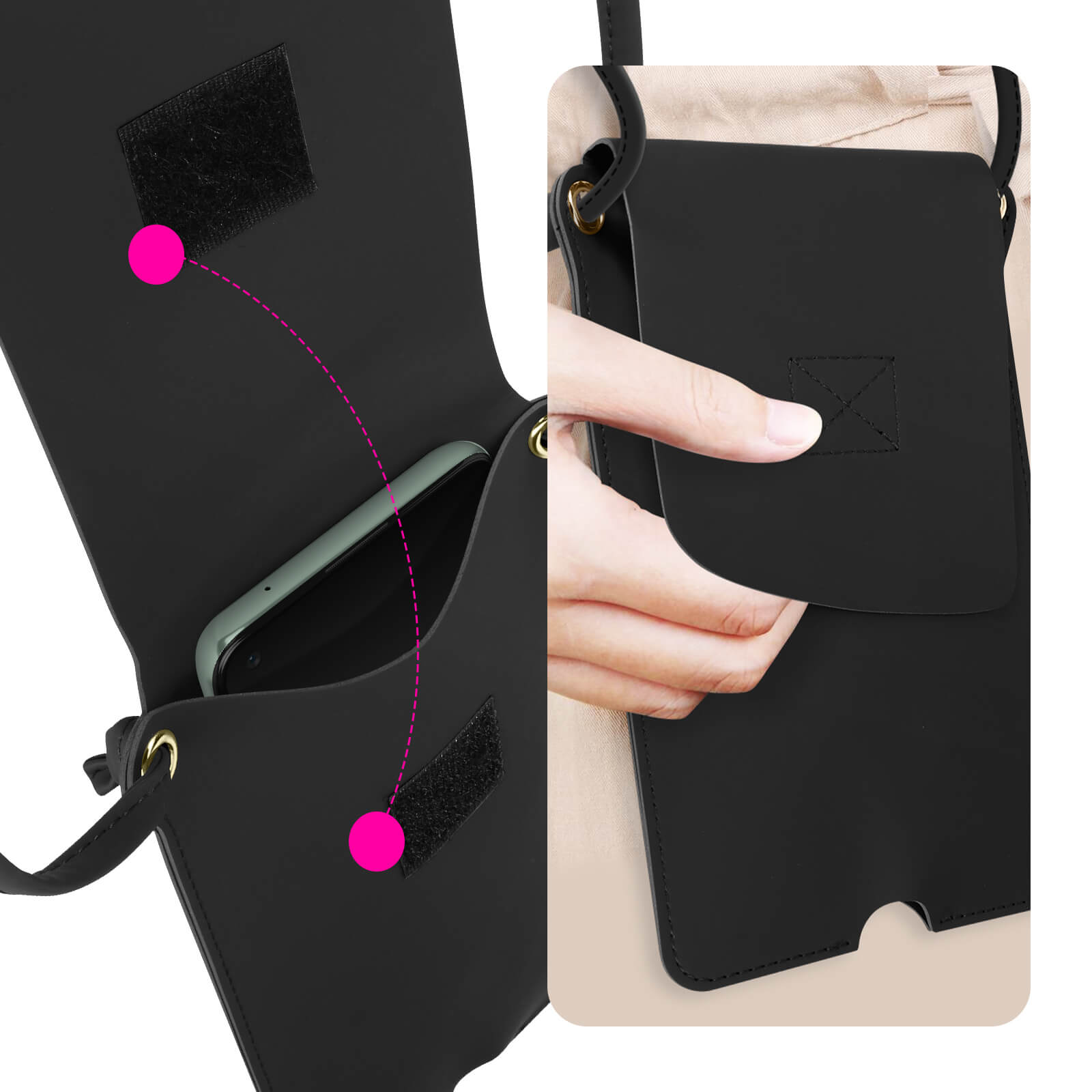 Un téléphone noir est dans un sac noir. Le sac a un rabat avec du velcro.