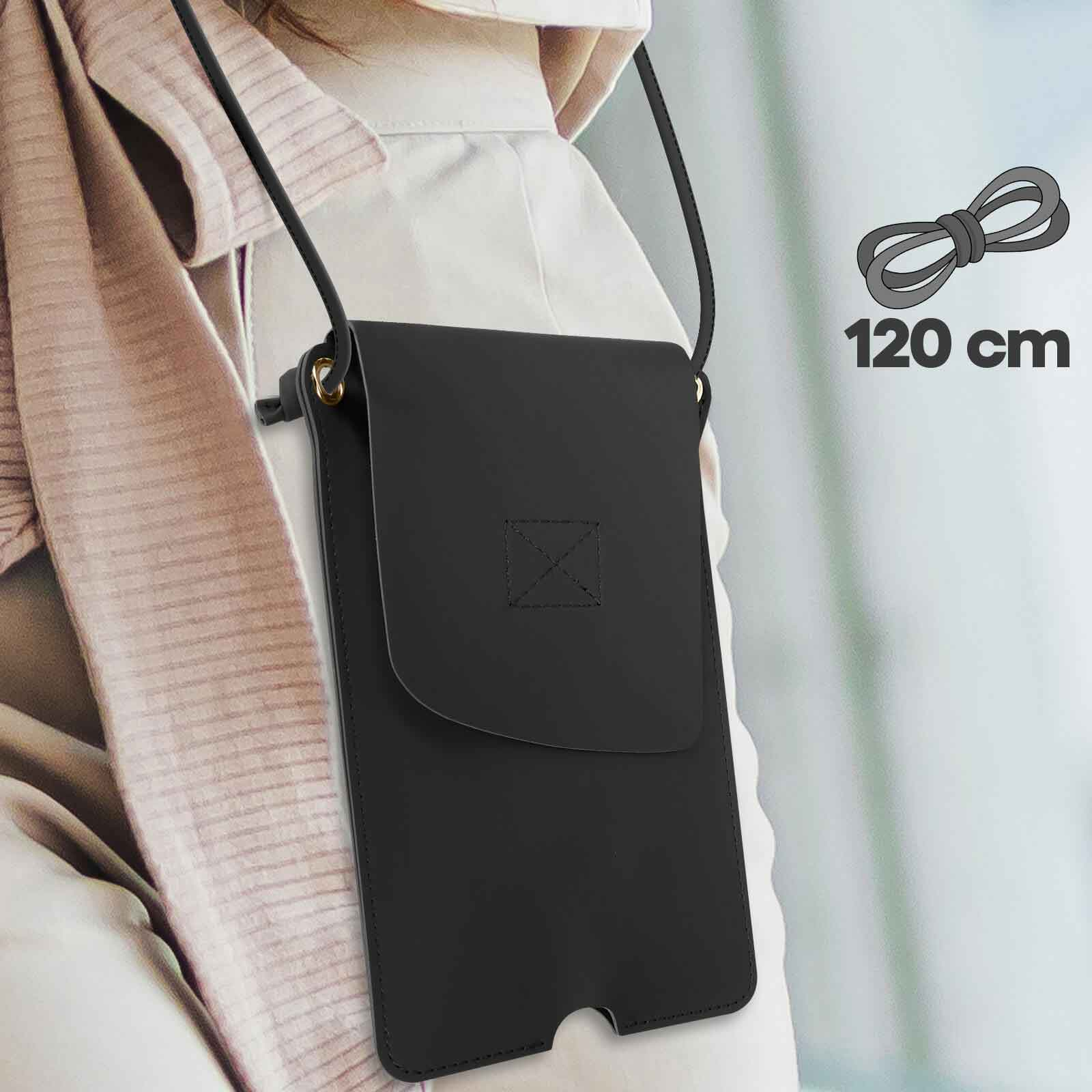 Étui de téléphone noir avec une sangle. L'étui est suspendu au corps d'une personne.