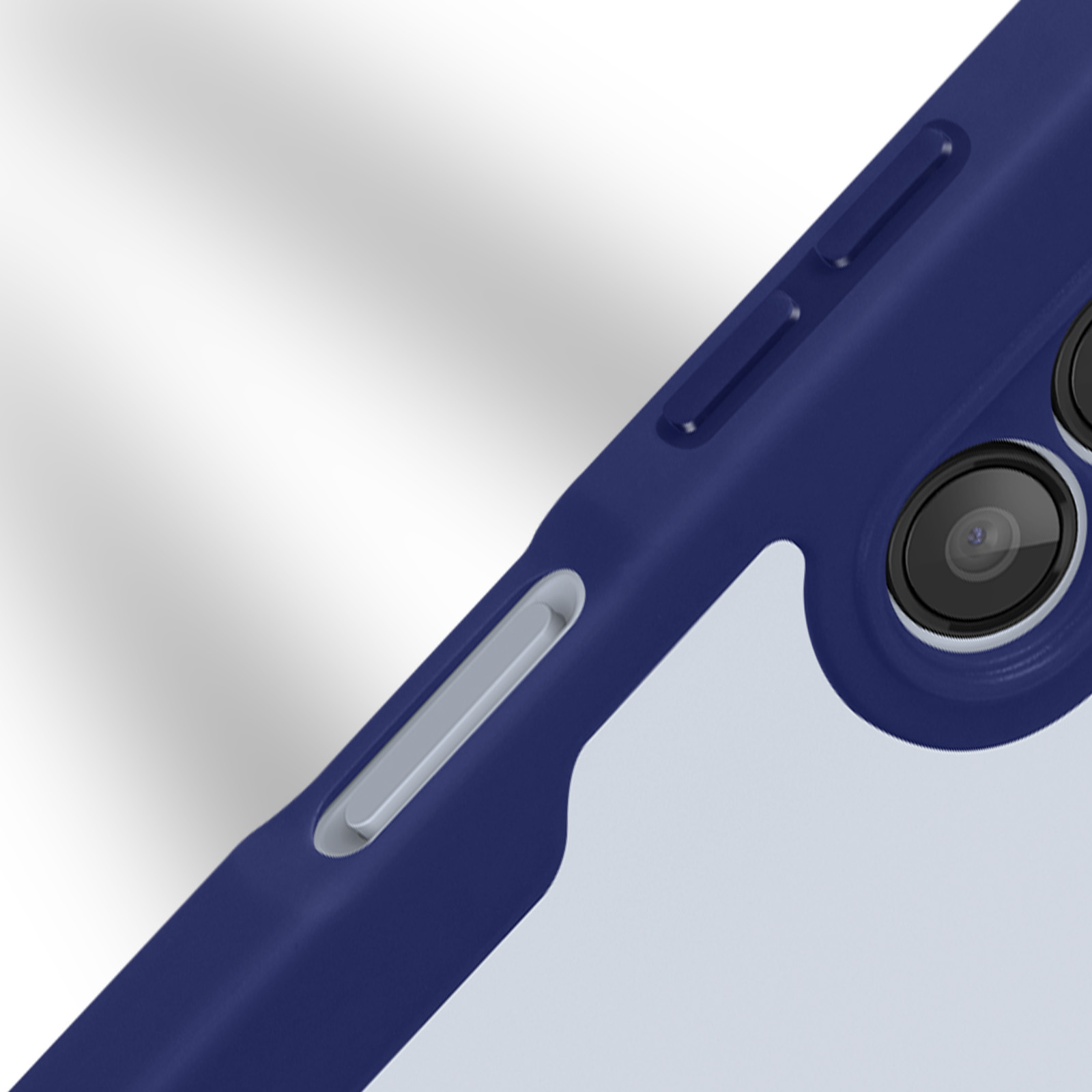 Gros plan sur une coque de téléphone bleue avec des boutons et des objectifs d'appareil photo. La coque est en angle.