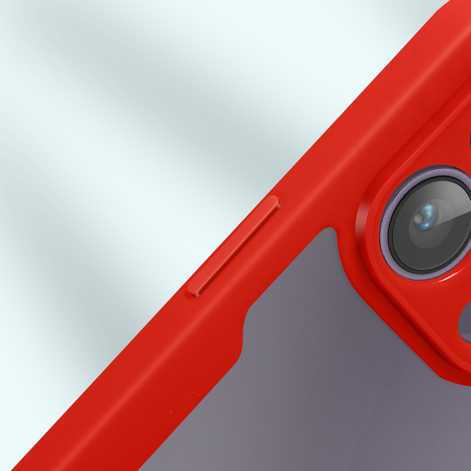 Close-up van een rode telefoonhoes met camera en knoppen zichtbaar. De achtergrond is wazig.