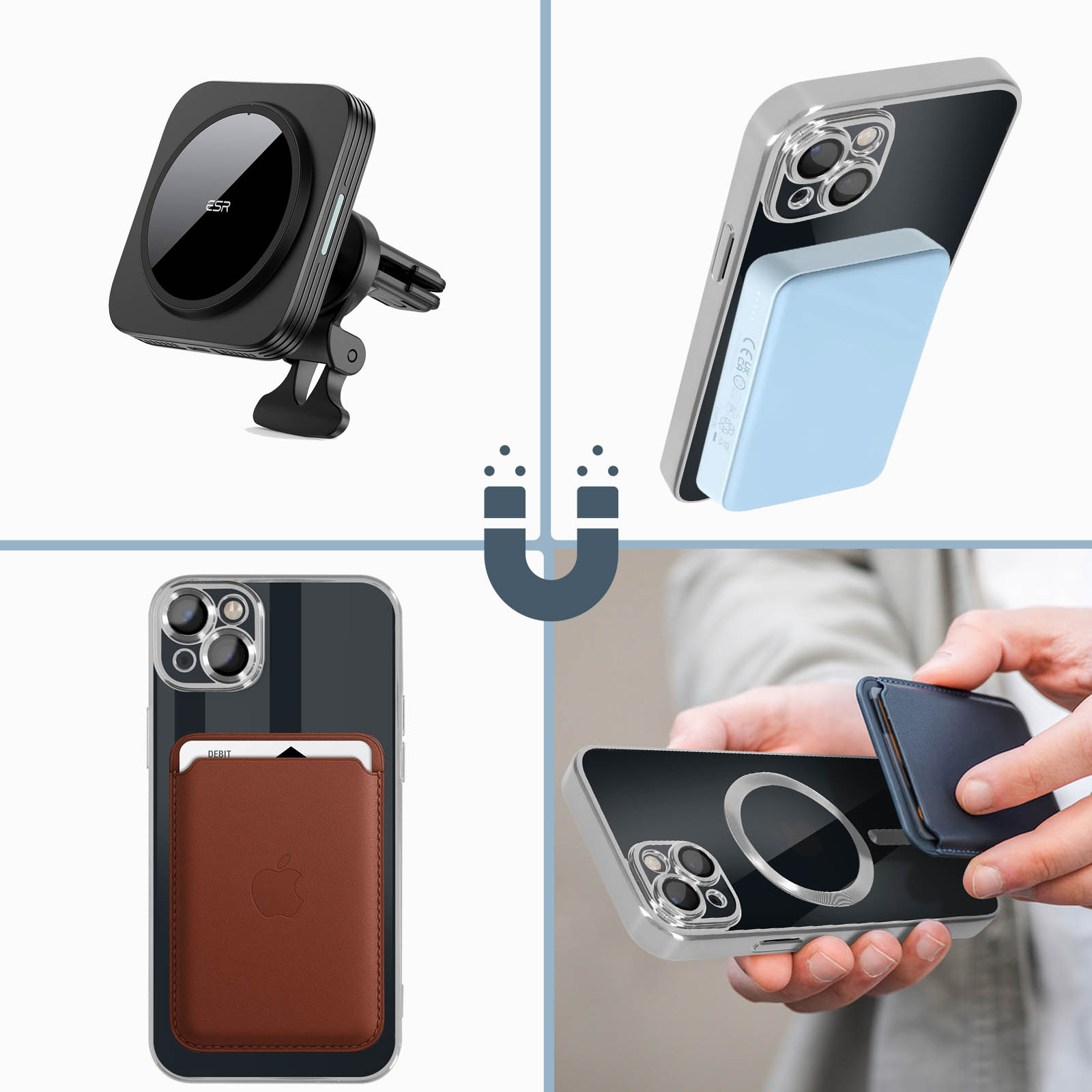 Diverse immagini che mostrano accessori per telefoni, tra cui un caricatore, un porta carte e attacchi magnetici.