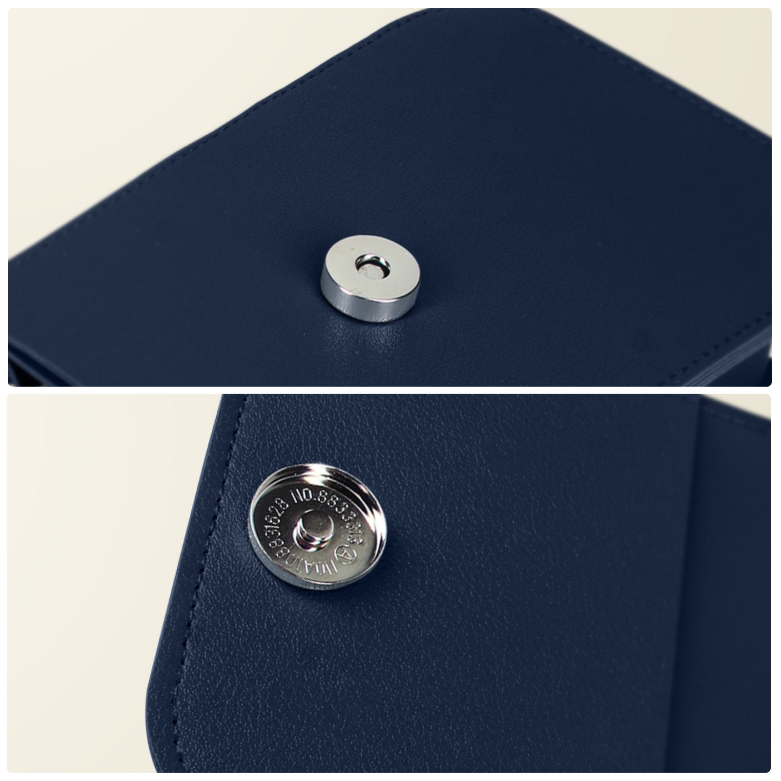 Close-up van een donkerblauwe hoes met een magnetische sluiting. De sluiting is cirkelvormig.