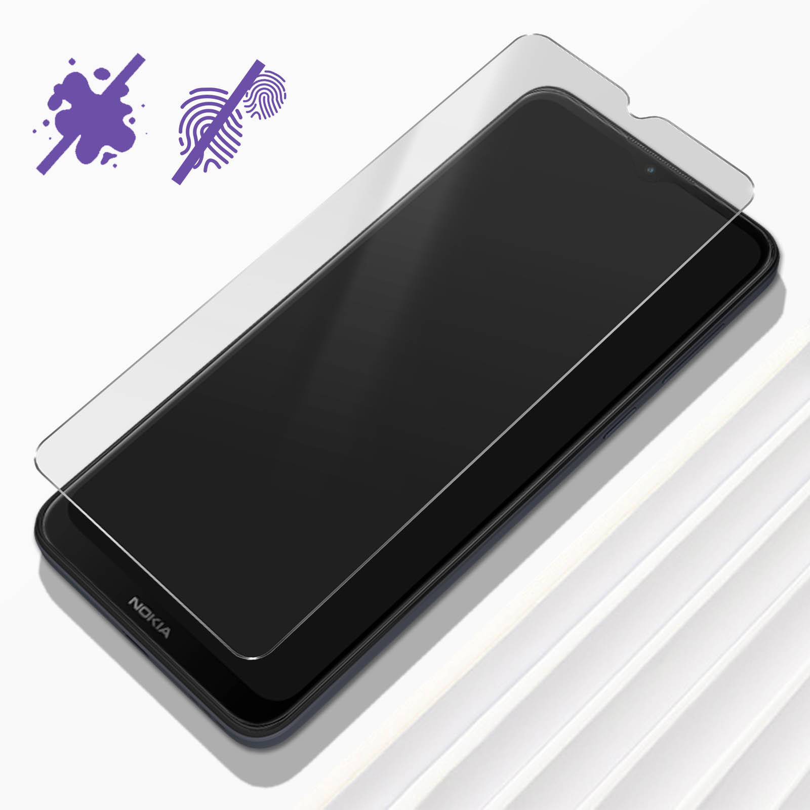 Pellicola protettiva per schermo. Pellicola trasparente su un telefono nero. Icone viola e impronte digitali.