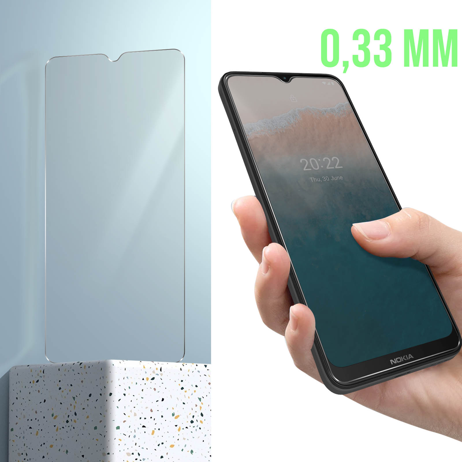 Telefono con protezione schermo, vetro trasparente, telefono in mano, telefono nero, misurazione di 0,33 mm.