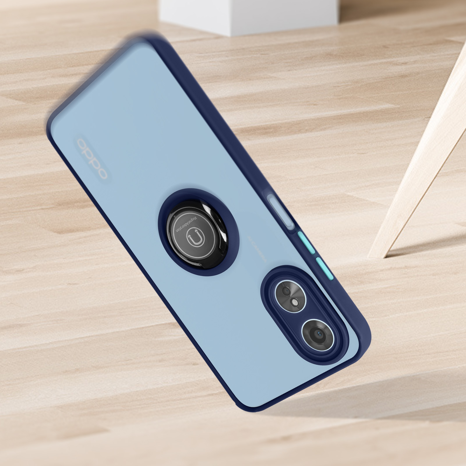 Una custodia blu con un telefono, inclinato su una superficie di legno.