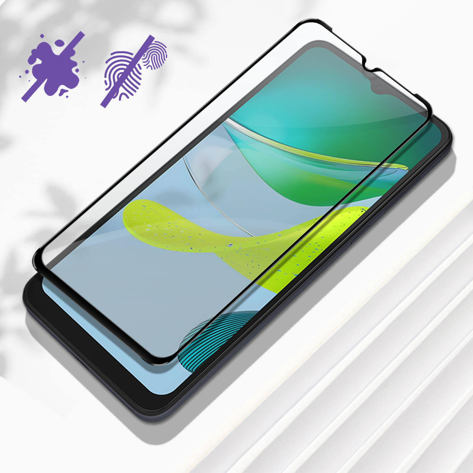 Telefono con protezione schermo in vetro, vengono visualizzate icone anti-impronta e antimacchia.
