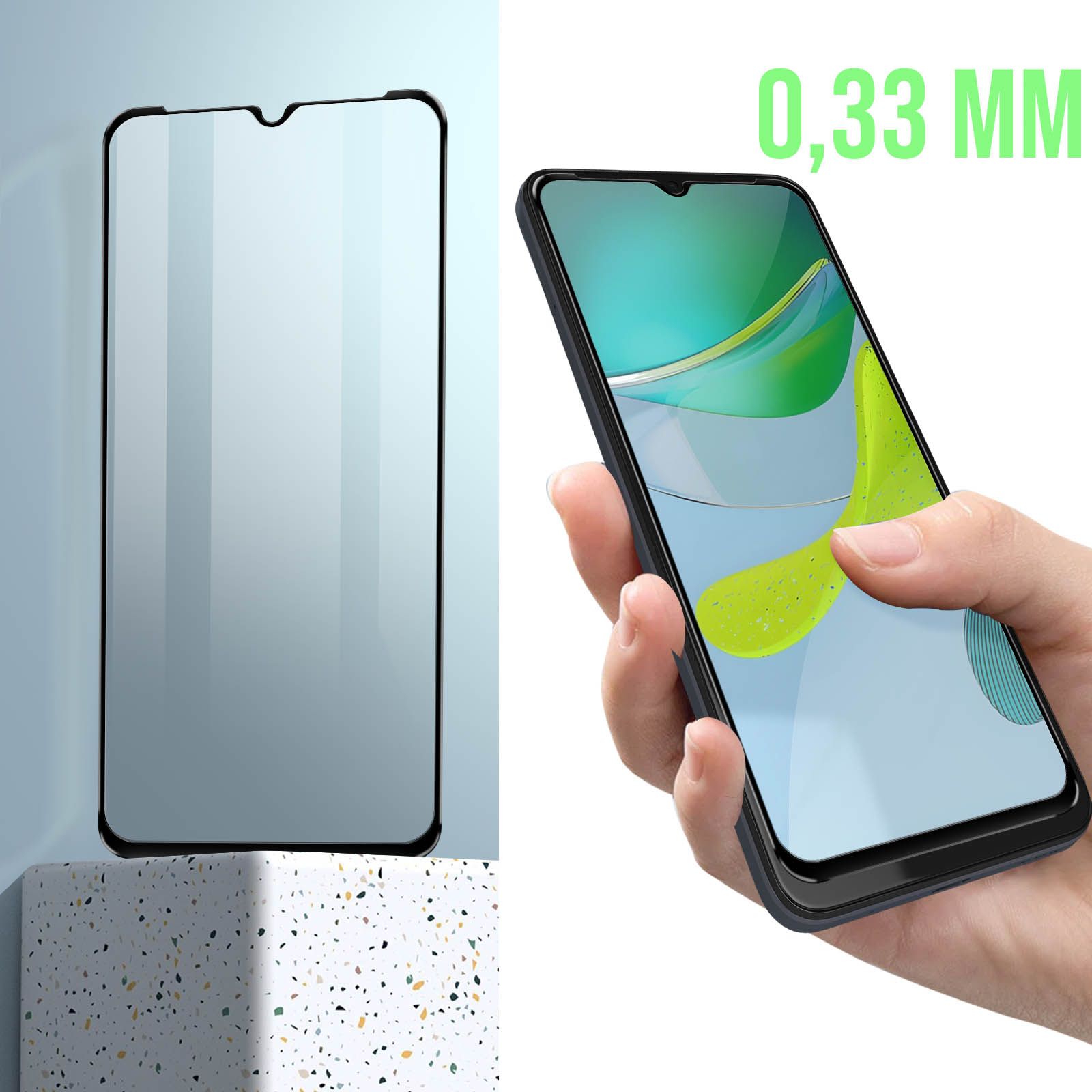 Un telefono e una protezione schermo su una superficie. La protezione è spessa 0,33 mm.