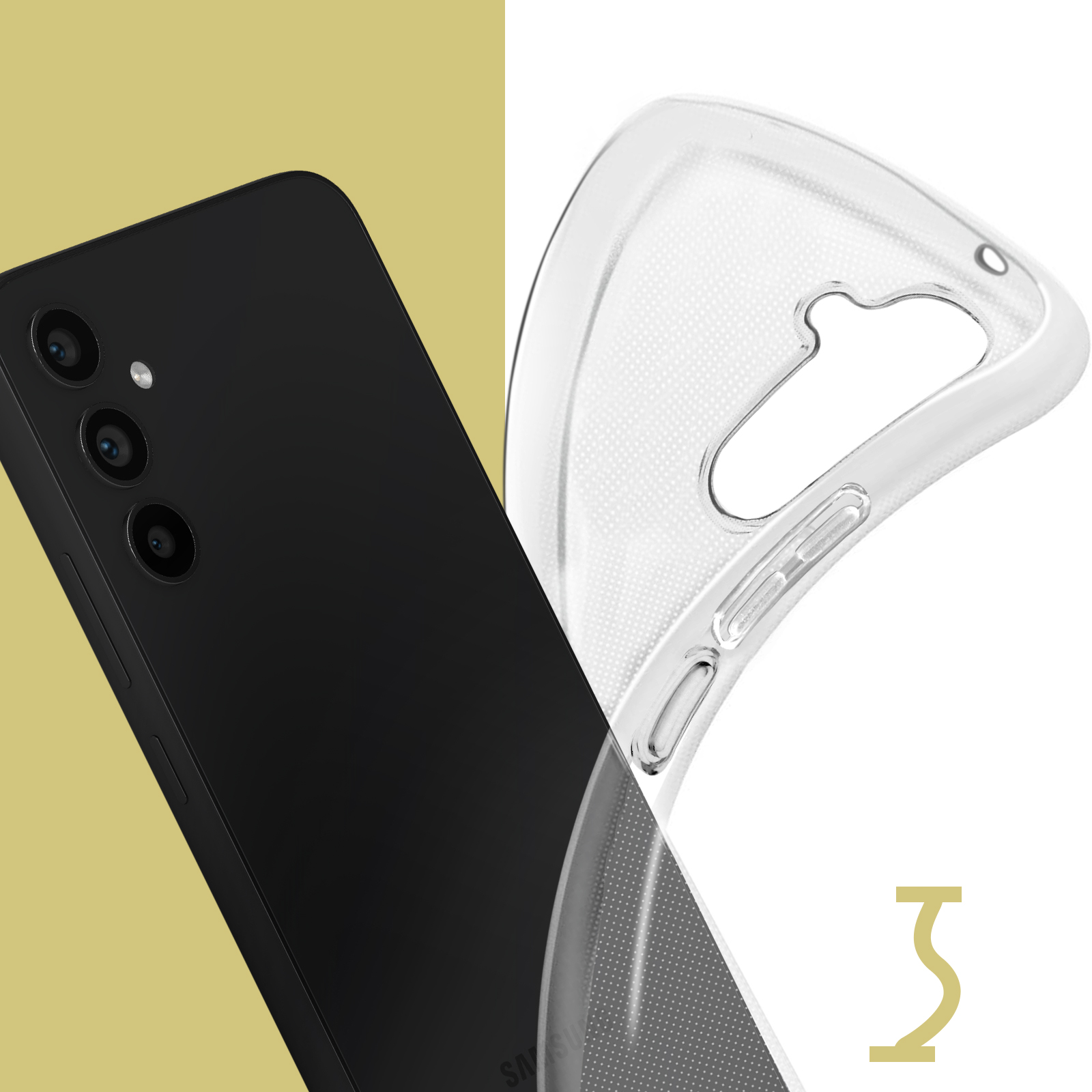 Telefoon met schermbeschermer en hoes. Wit en goud.
