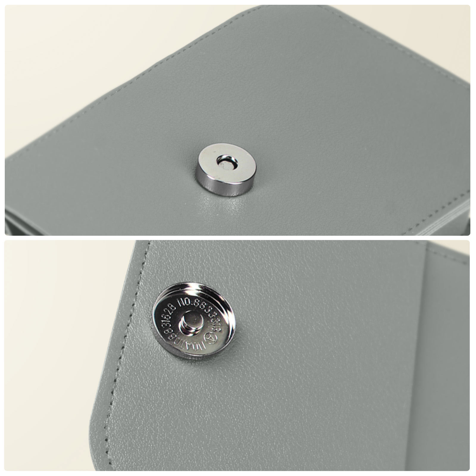 Twee close-ups van een grijze telefoonhoes-sluiting. De sluiting is magnetisch en heeft een metalen afwerking.