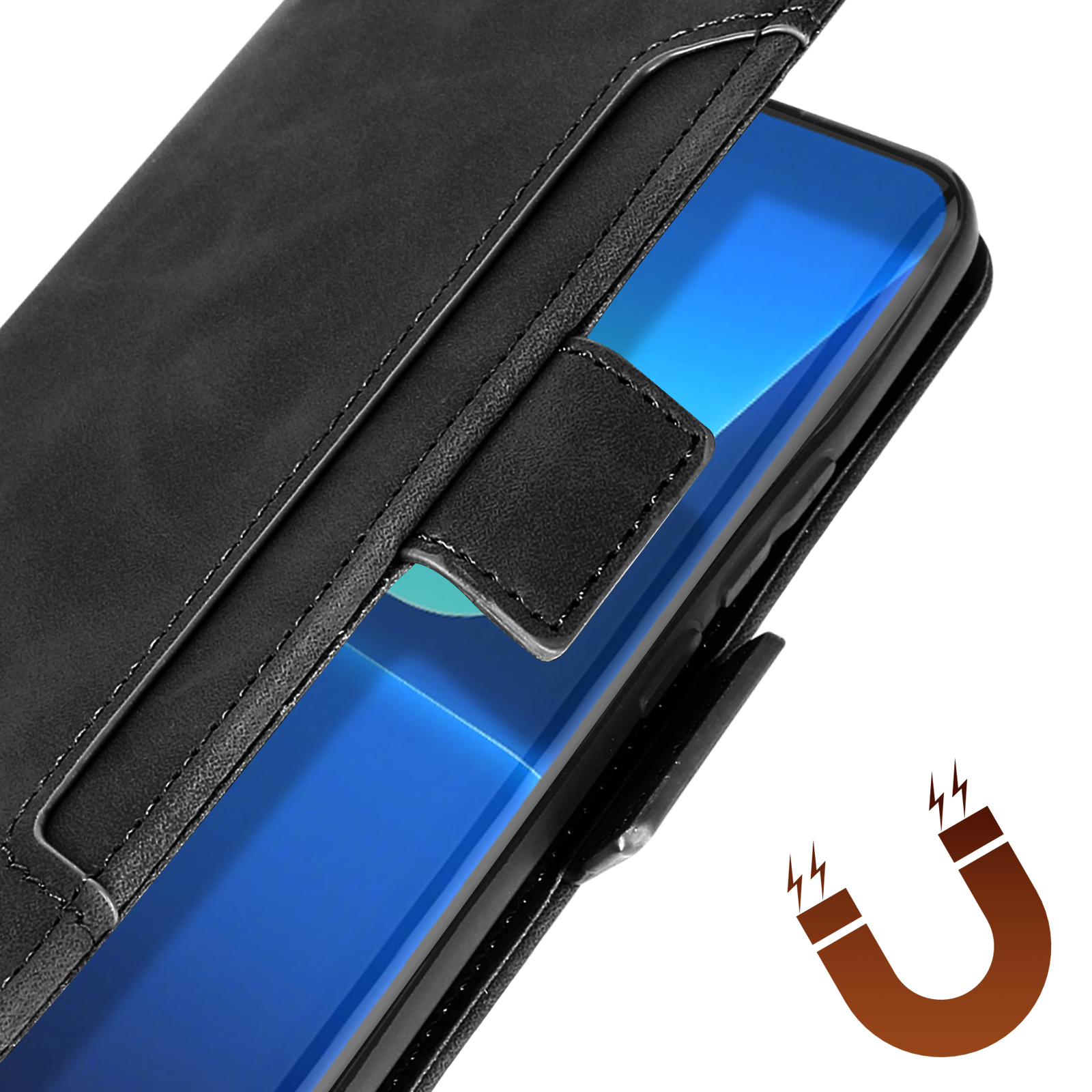 Una custodia per telefono nera con chiusura magnetica. La custodia è aperta e lo schermo del telefono è visibile.
