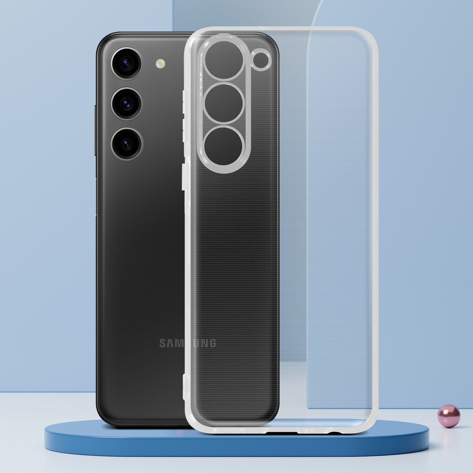 Schwarzes Telefon mit transparentem Gehäuse. Das Gehäuse ist transparent mit Kameraausschnitt. Der Hintergrund ist blau.