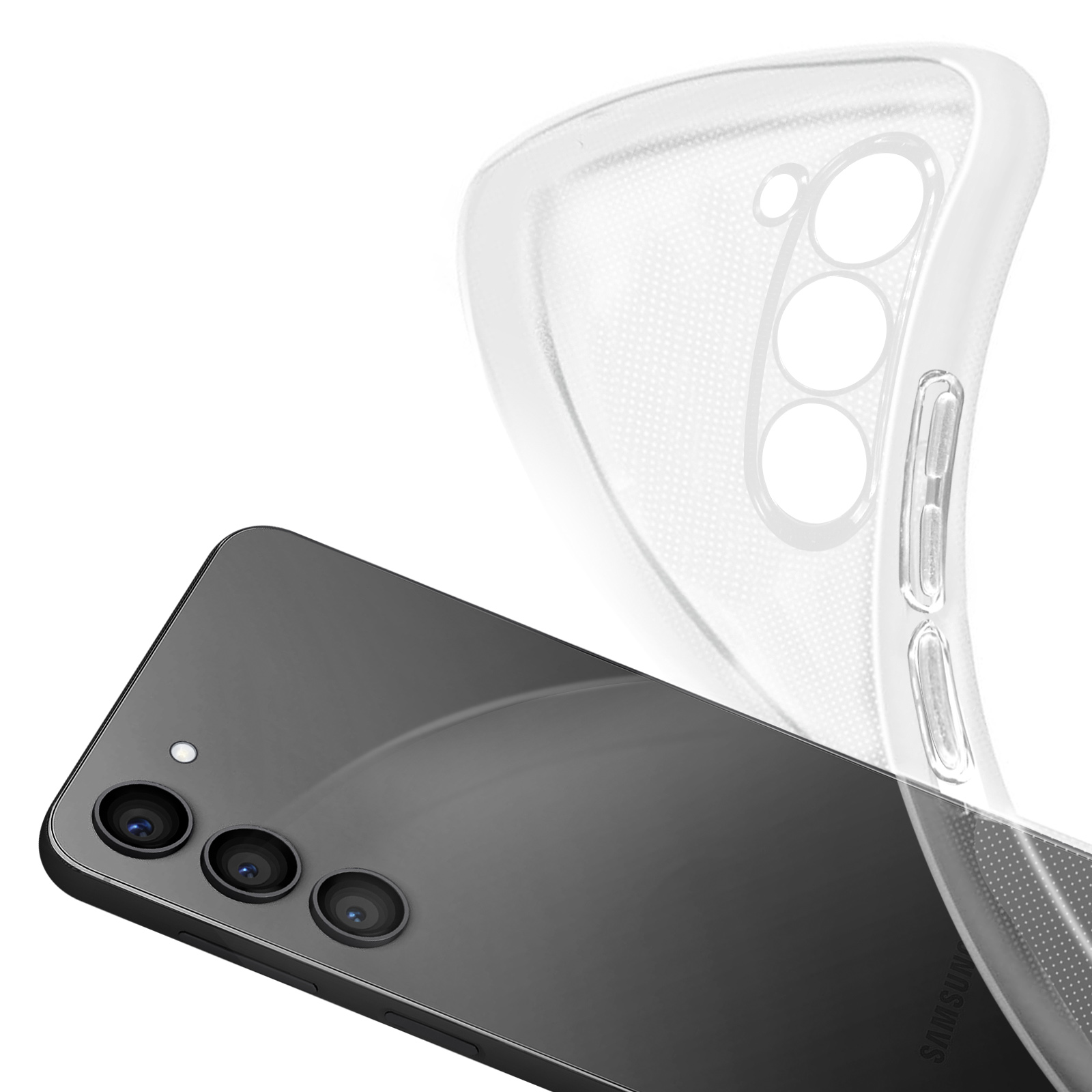 Ein schwarzes Telefon mit drei Kameras hat eine transparente Hülle darüber. Die Hülle liegt leicht über dem Telefon.