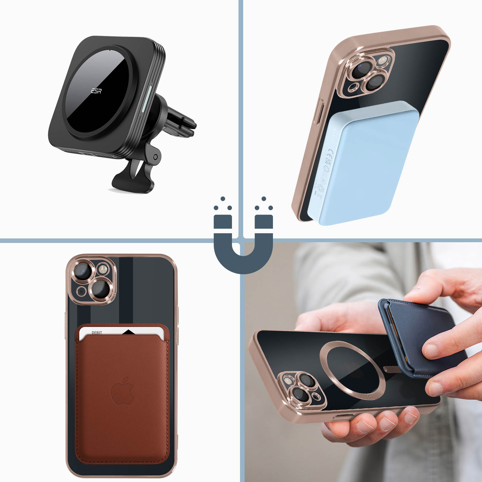 Collage di accessori: supporto per auto, custodia per telefono e porta carte. Vengono utilizzati magneti.