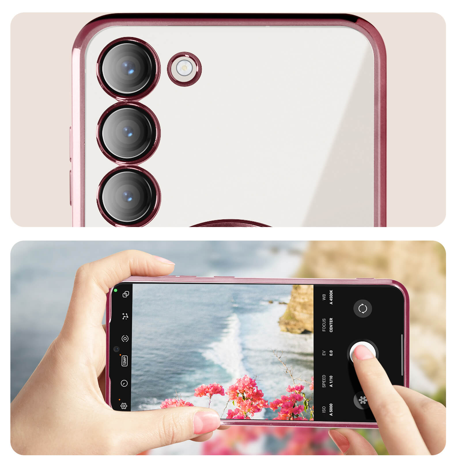 Un telefono con obiettivo della fotocamera e schermo che mostra una scena sulla spiaggia. Una mano tocca lo schermo.