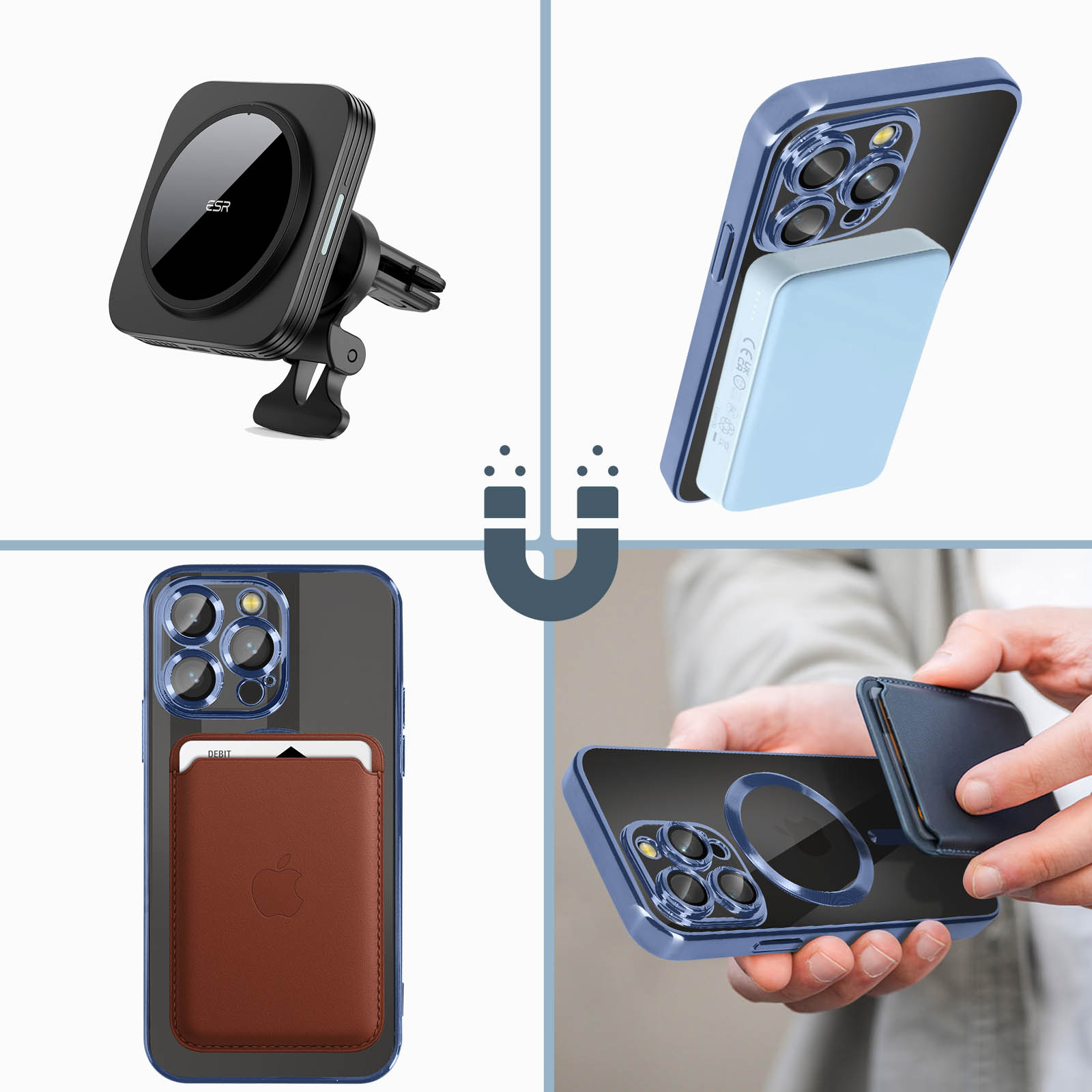 Accessori per telefono multipli: un supporto per auto, una custodia con carta di credito e custodie attaccate ai telefoni.
