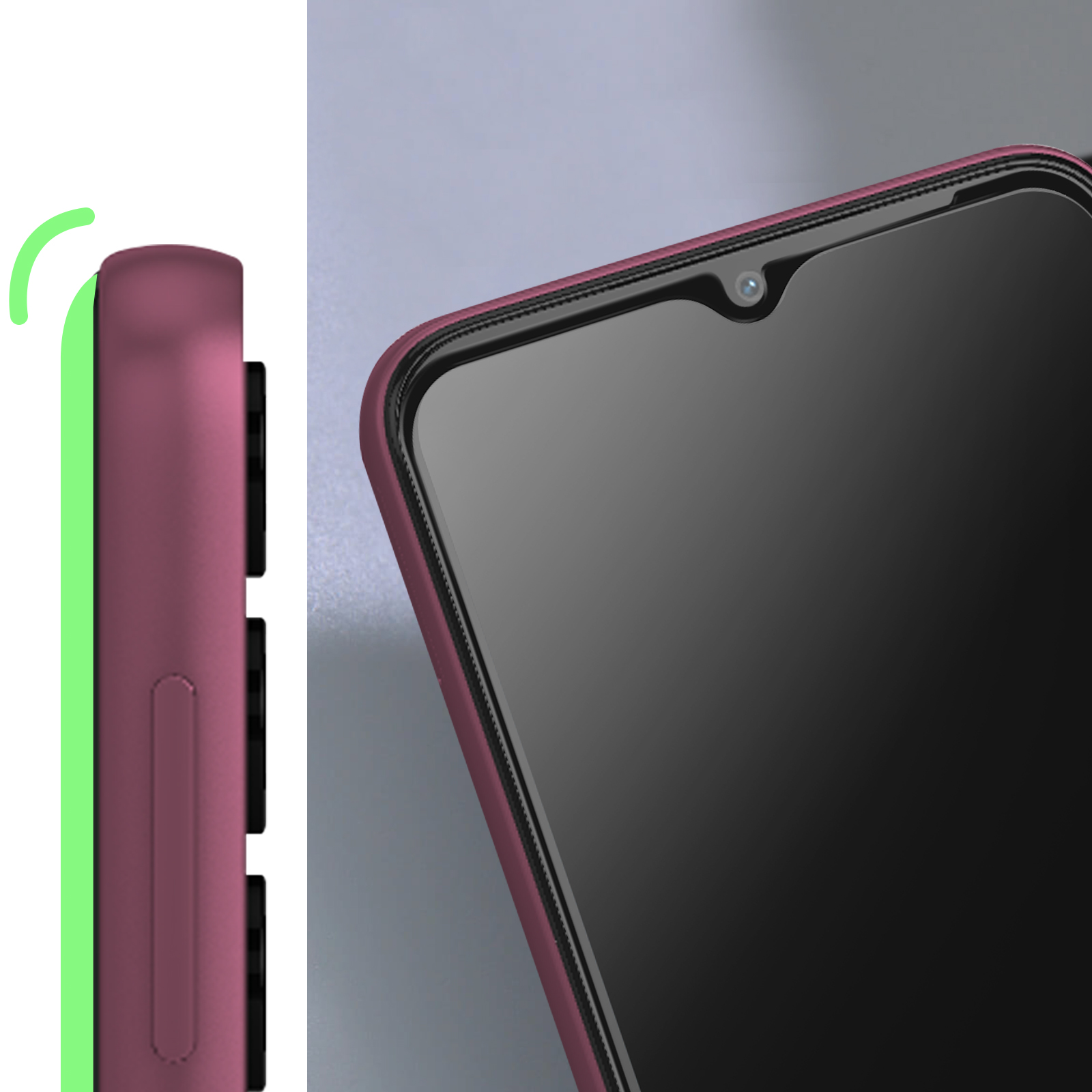 Téléphone avec étui violet, vue latérale, montrant boutons et écran.