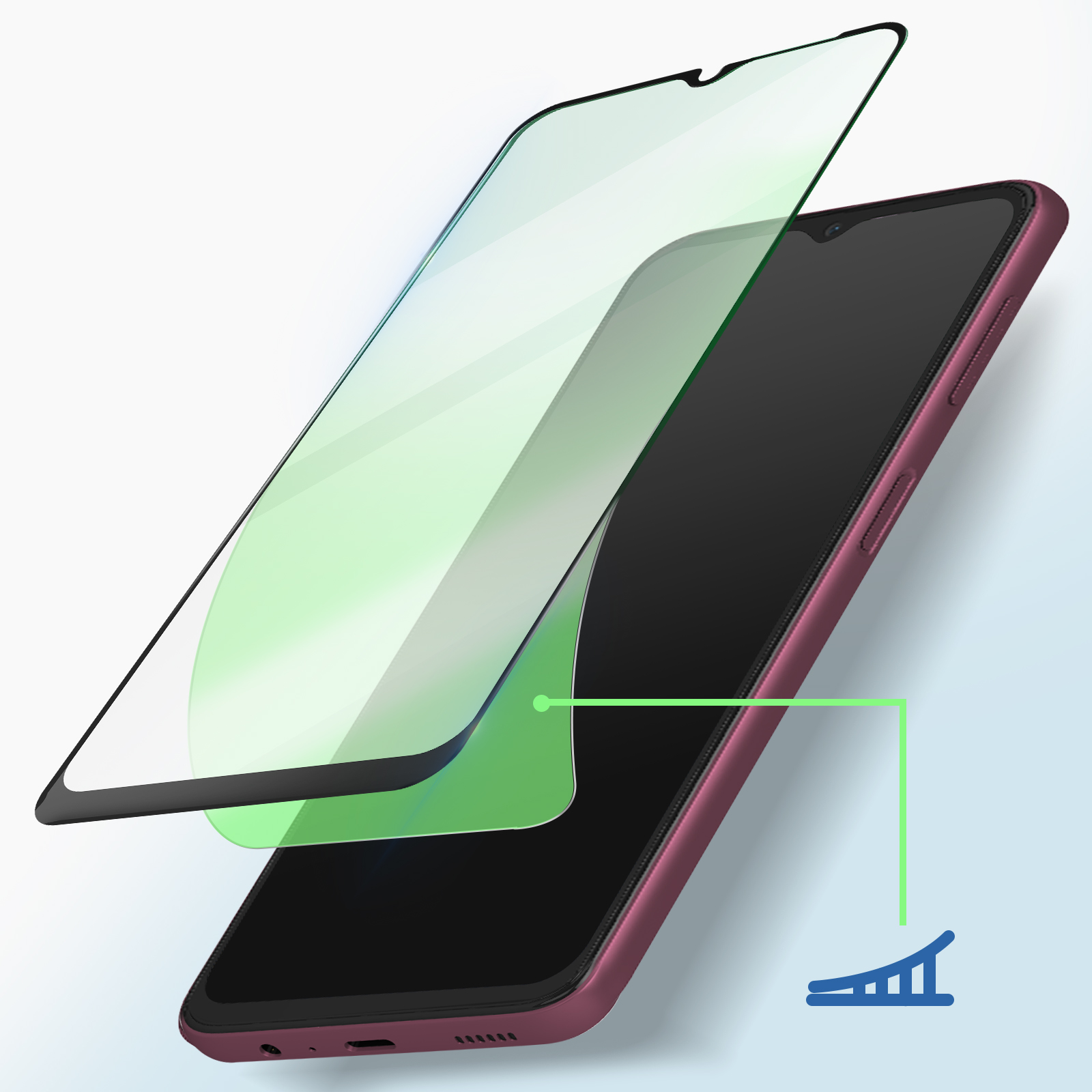 Screenprotector wordt op een telefoon aangebracht. Het zit boven het scherm en is transparant.