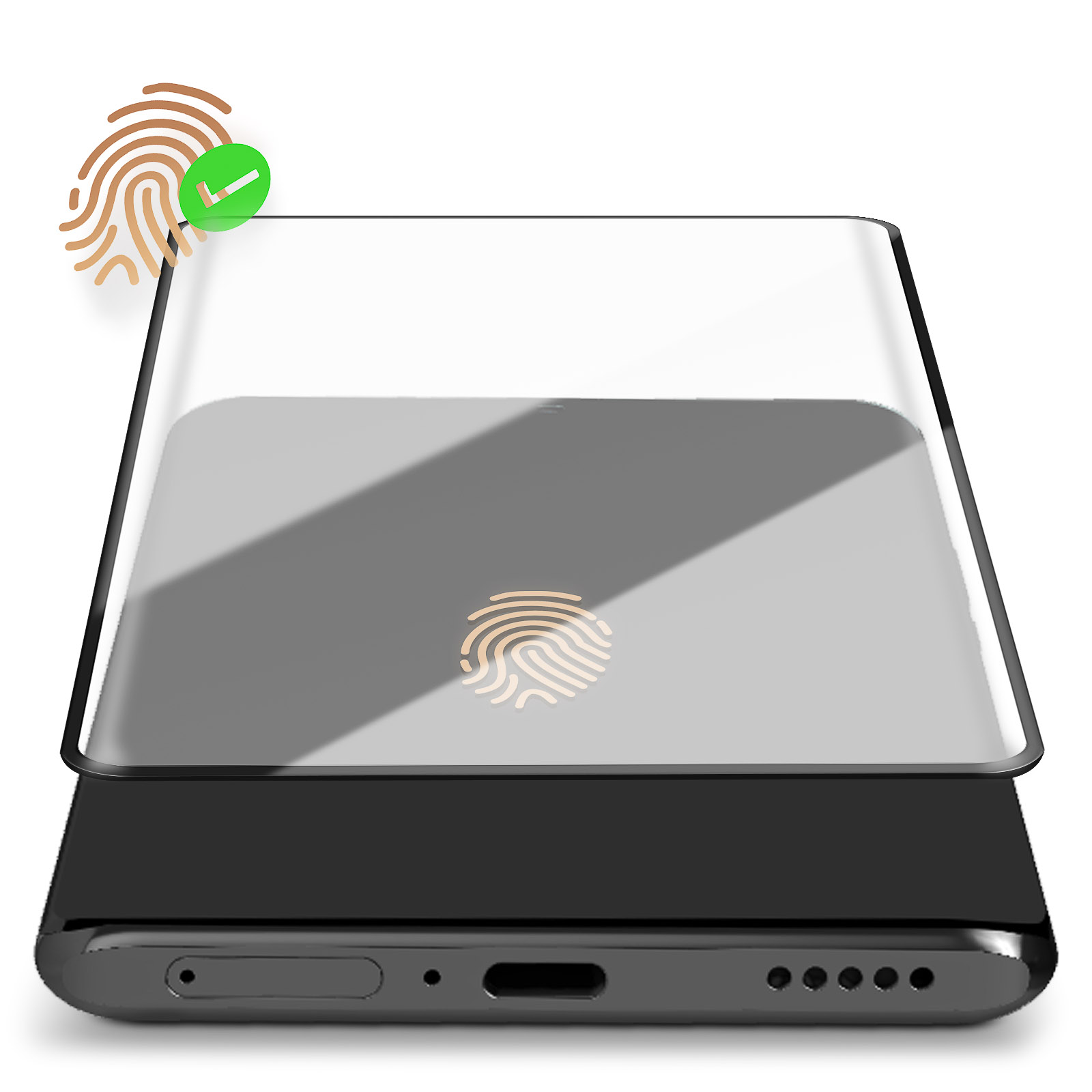 Un téléphone avec un protecteur d'écran. Le protecteur affiche une icône d'empreinte digitale et une coche.