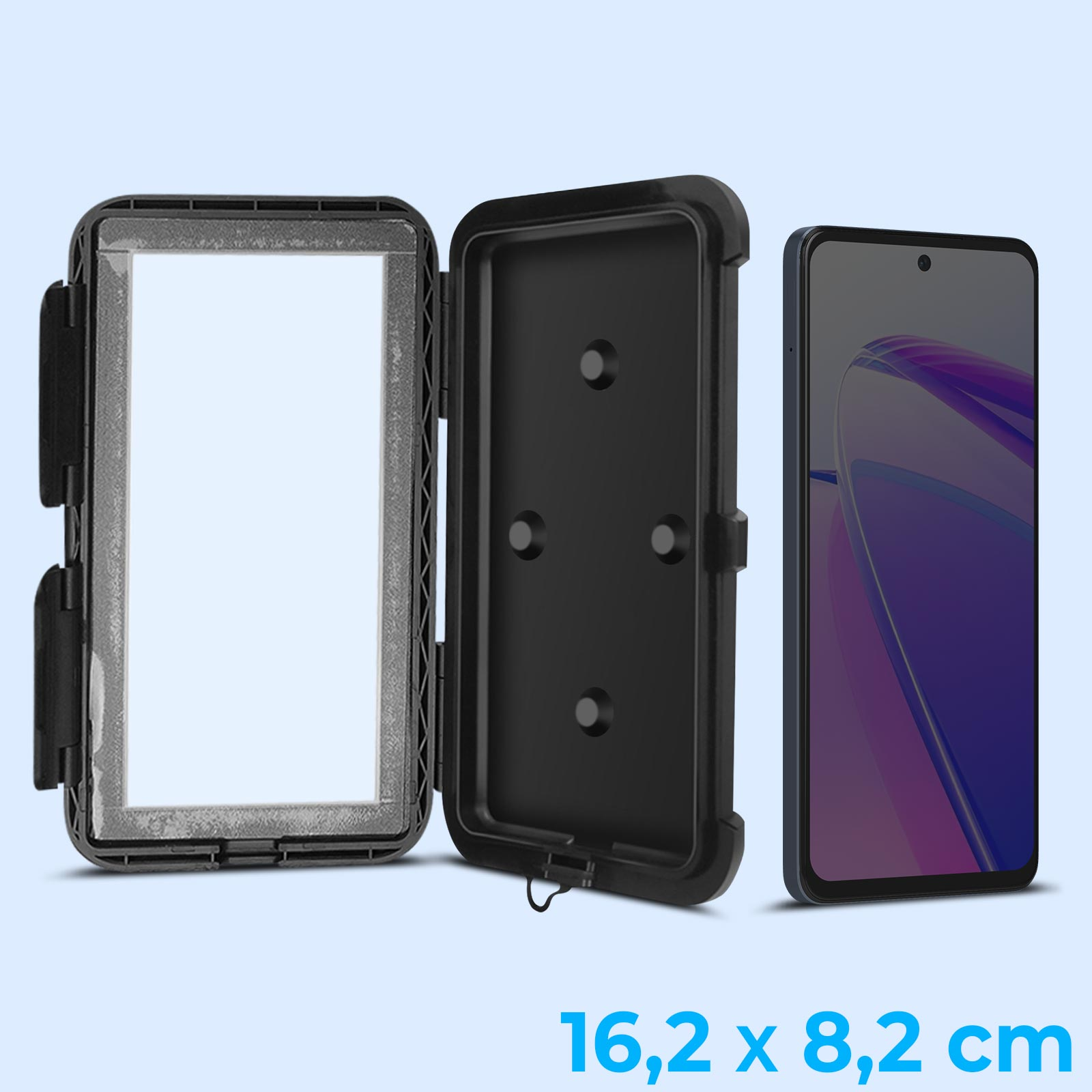 Custodia per telefono nera impermeabile aperta, con un telefono accanto. Sotto è scritto 16,2 x 8,2 cm.
