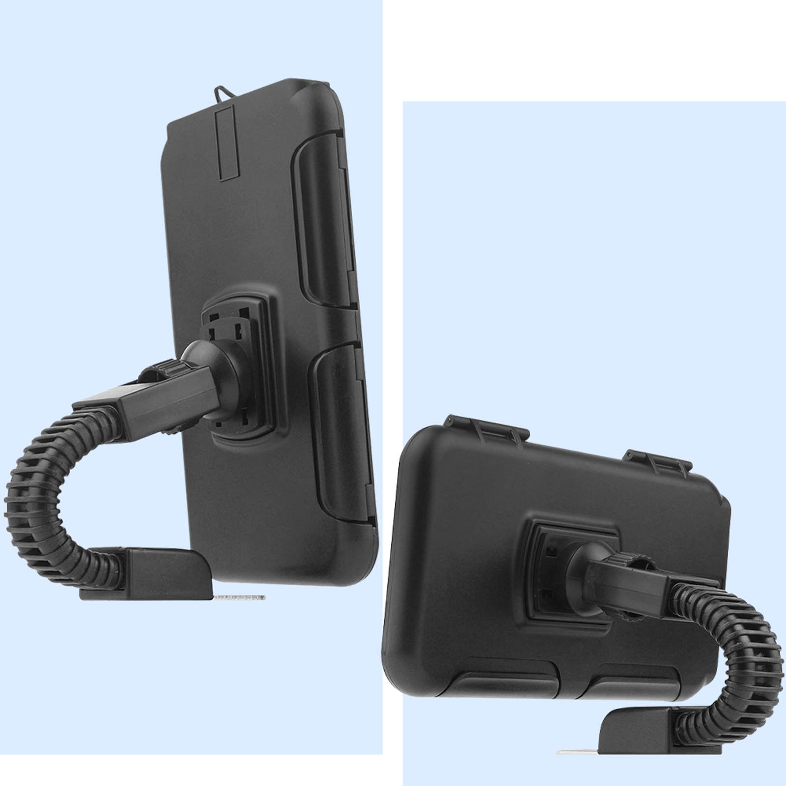 Due supporti per telefono neri, per un'auto, in diverse orientazioni, su sfondo azzurro.