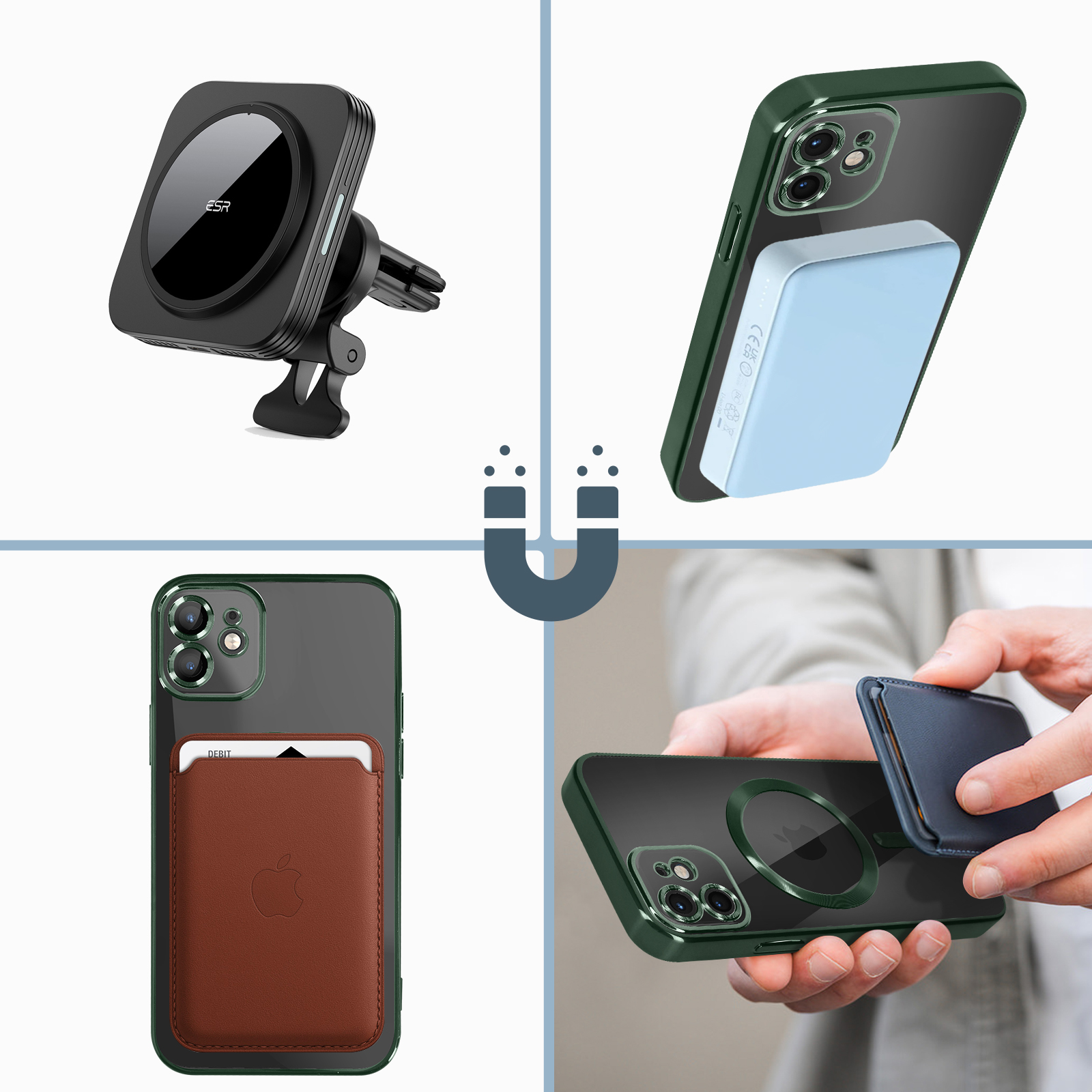 Collage di accessori per telefono: supporto auto, custodia, portafoglio e telefono.