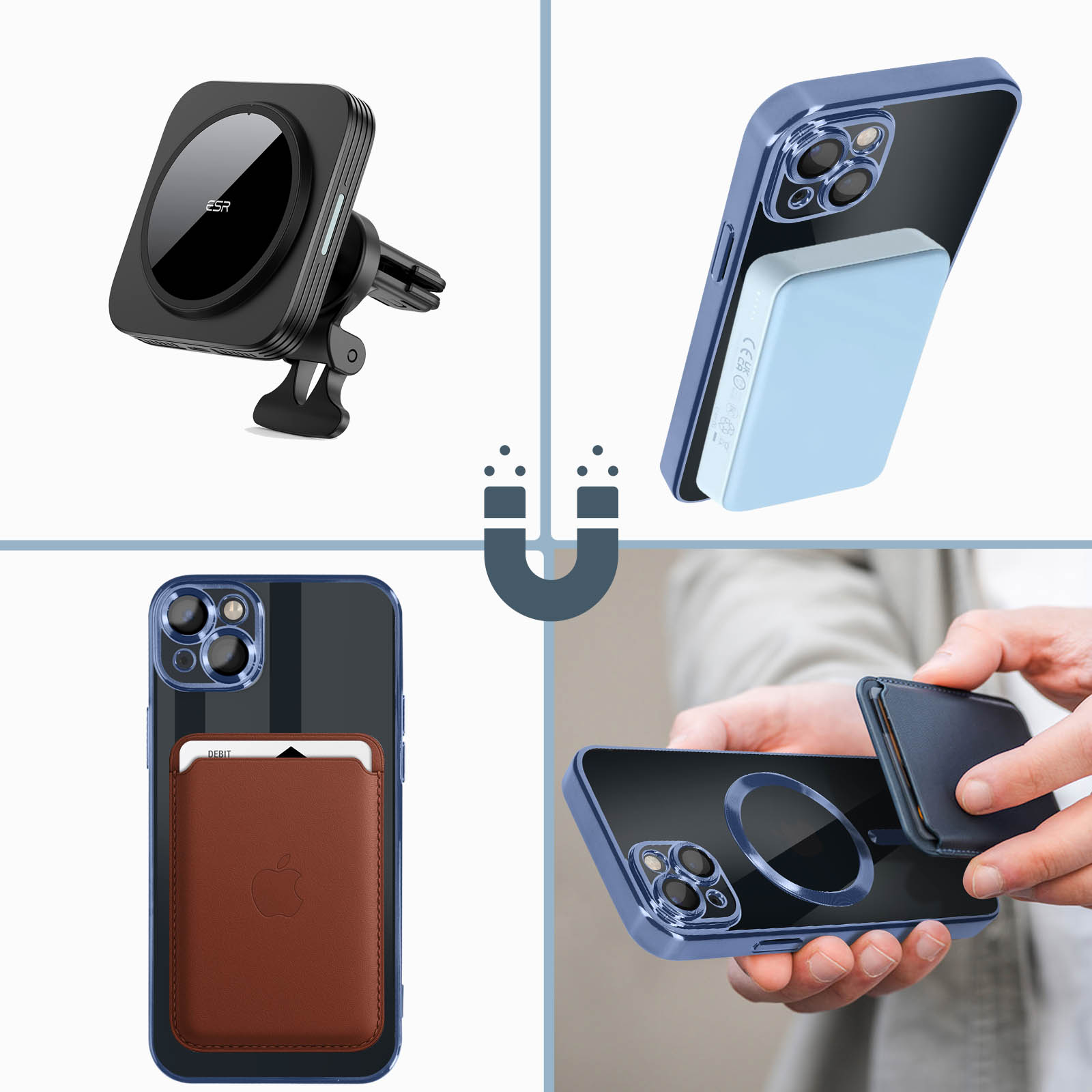 Plusieurs images montrant des accessoires de téléphone, dont un support de voiture, un portefeuille magnétique et un chargeur sans fil.