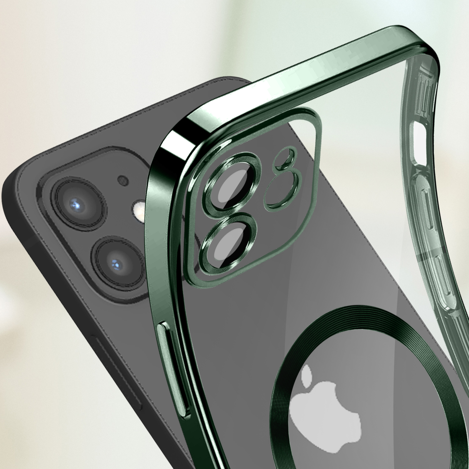 Una custodia trasparente per telefono con una cornice verde attorno alla fotocamera e al logo Apple.