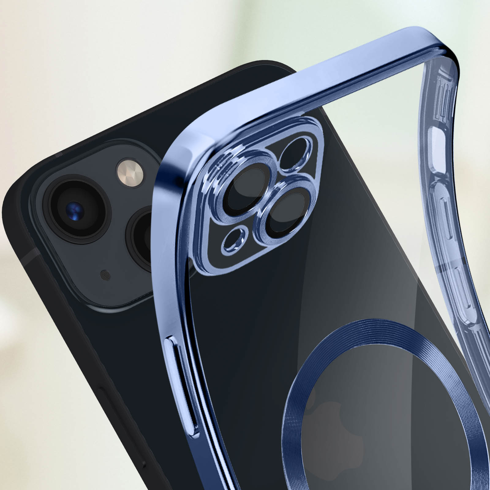 Coque avec cadre bleu autour de l'appareil photo et anneau bleu.
