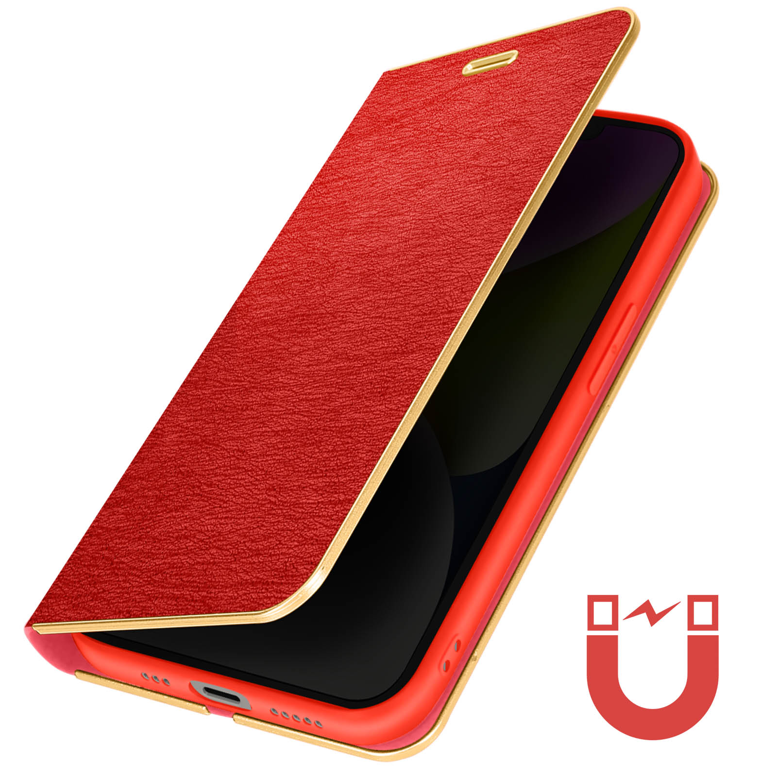 Custodia per telefono rossa con finiture dorate, aperta per rivelare il telefono nero. Un segnale magnetico rosso vicino.