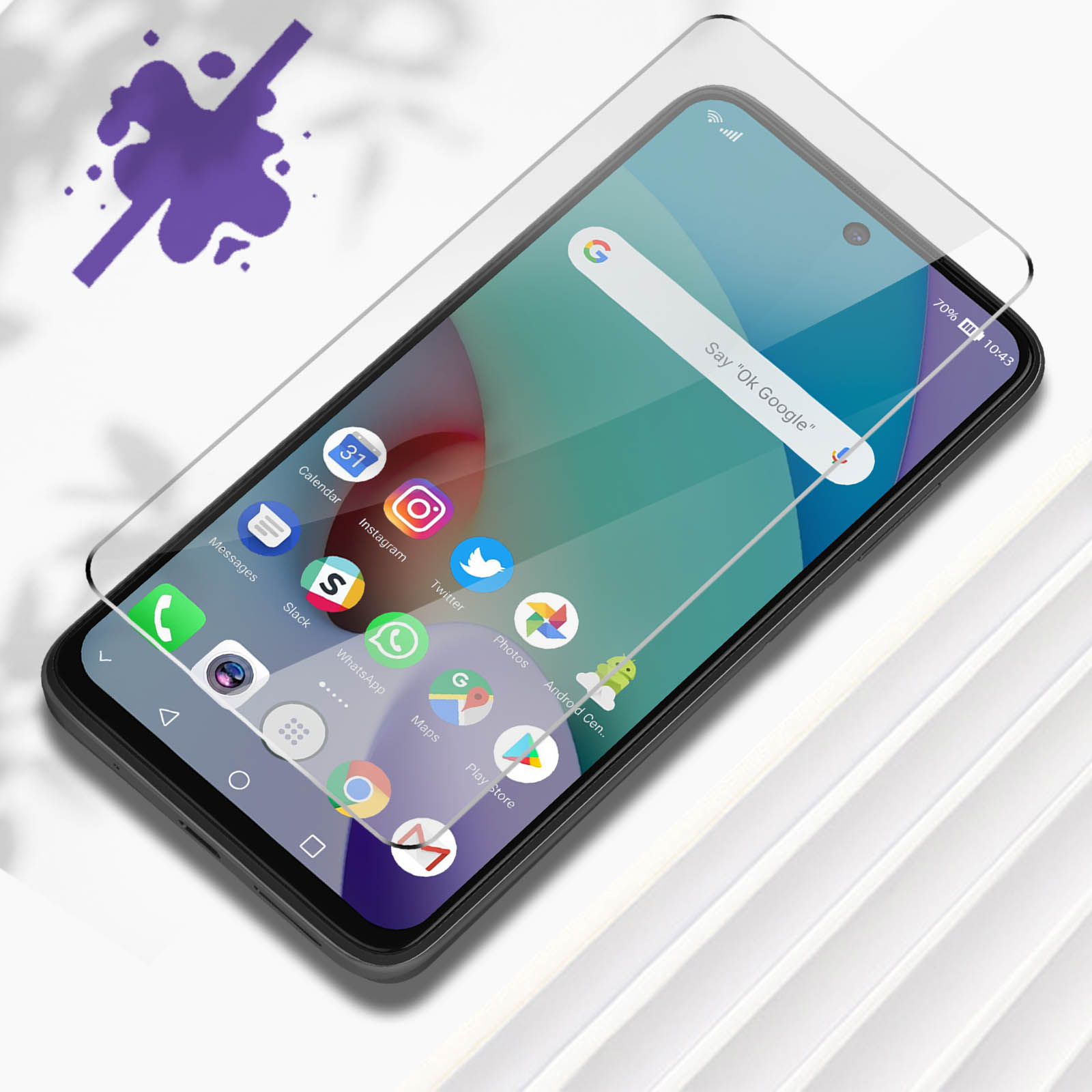 Telefoon met schermbeschermer die apps toont. Digitale achtergrond.