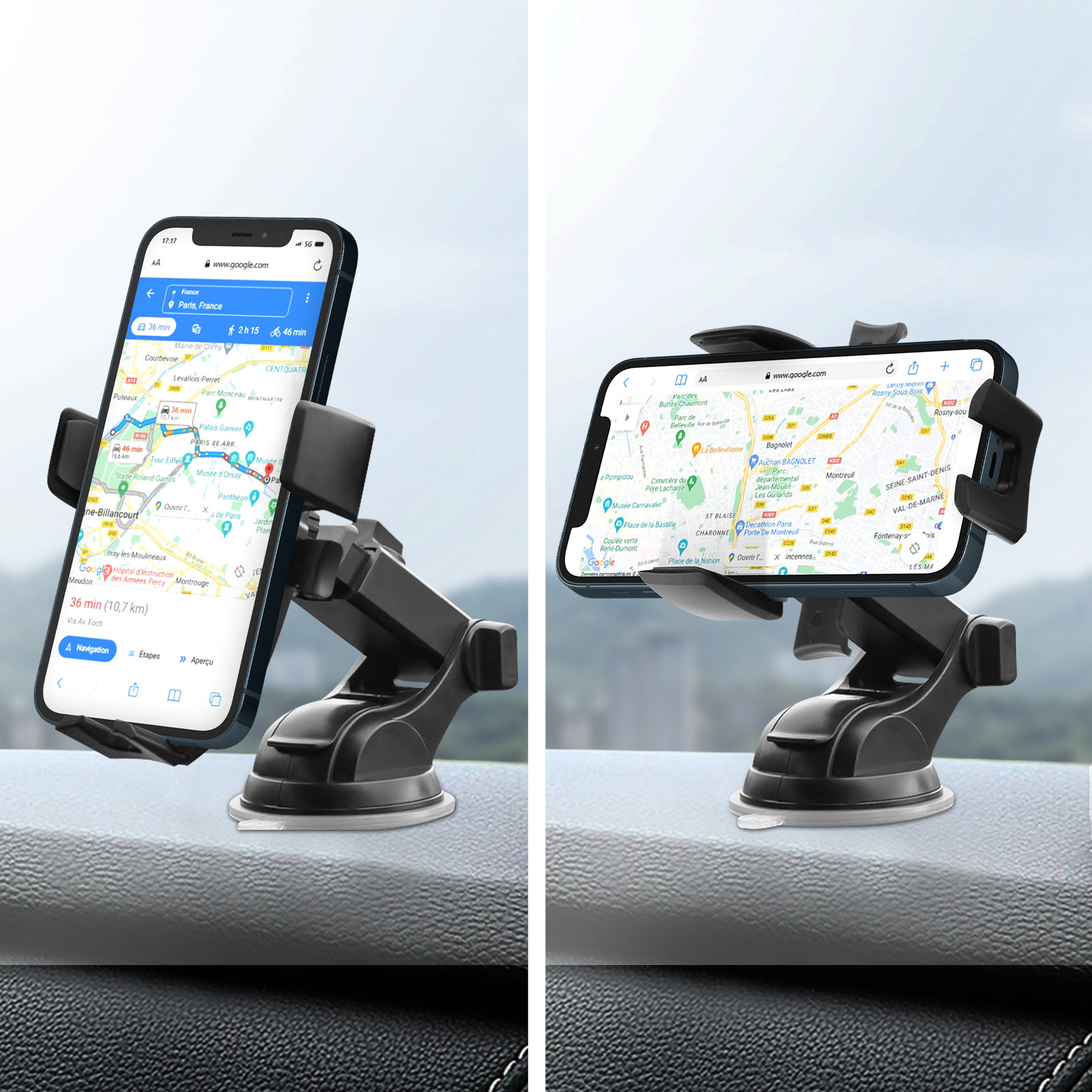Zwei Bilder eines Telefons, das auf dem Armaturenbrett eines Autos montiert ist und eine Navigations-App zeigt.