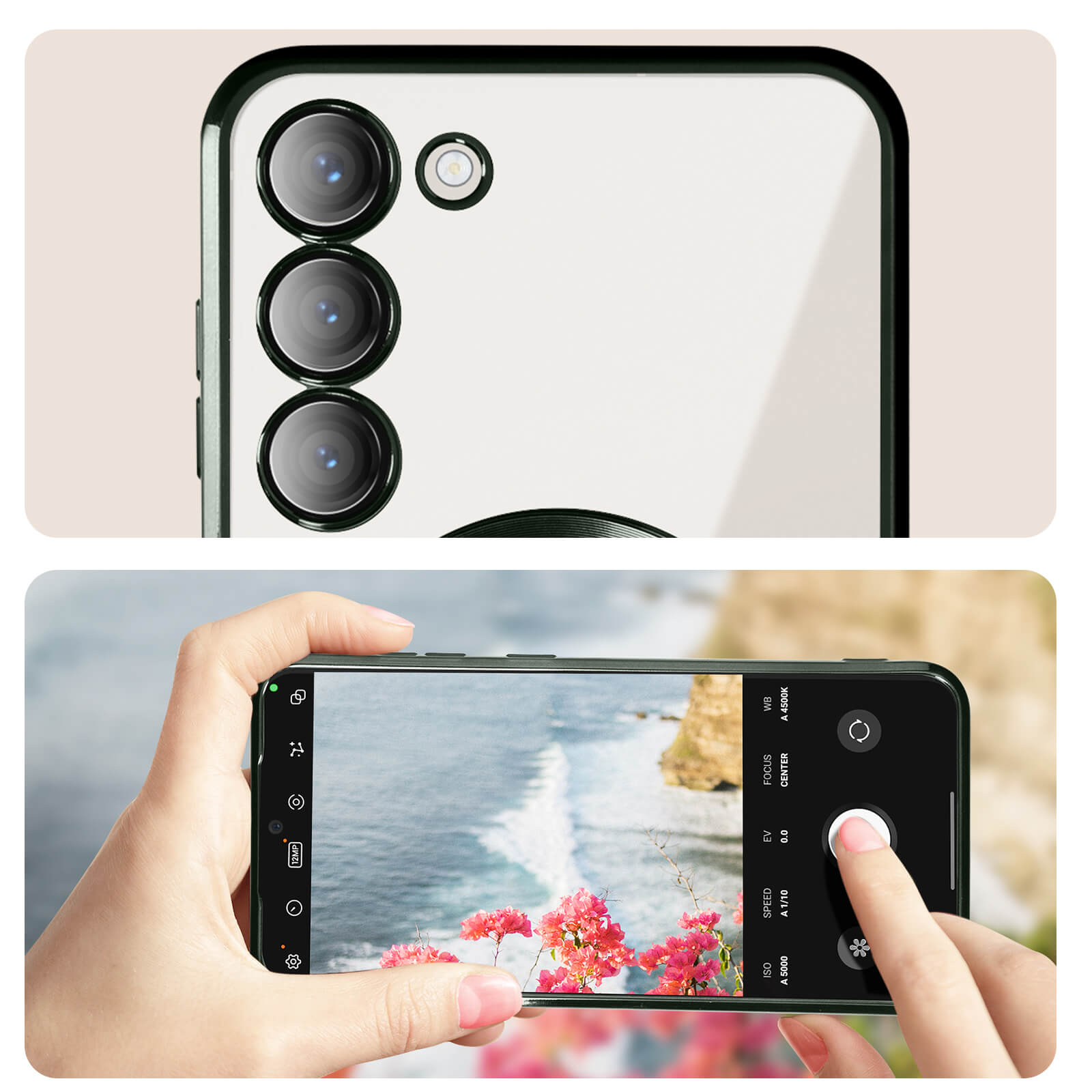 Primo piano dell'obiettivo della fotocamera di un telefono e una persona che scatta foto di fiori rosa in riva al mare.