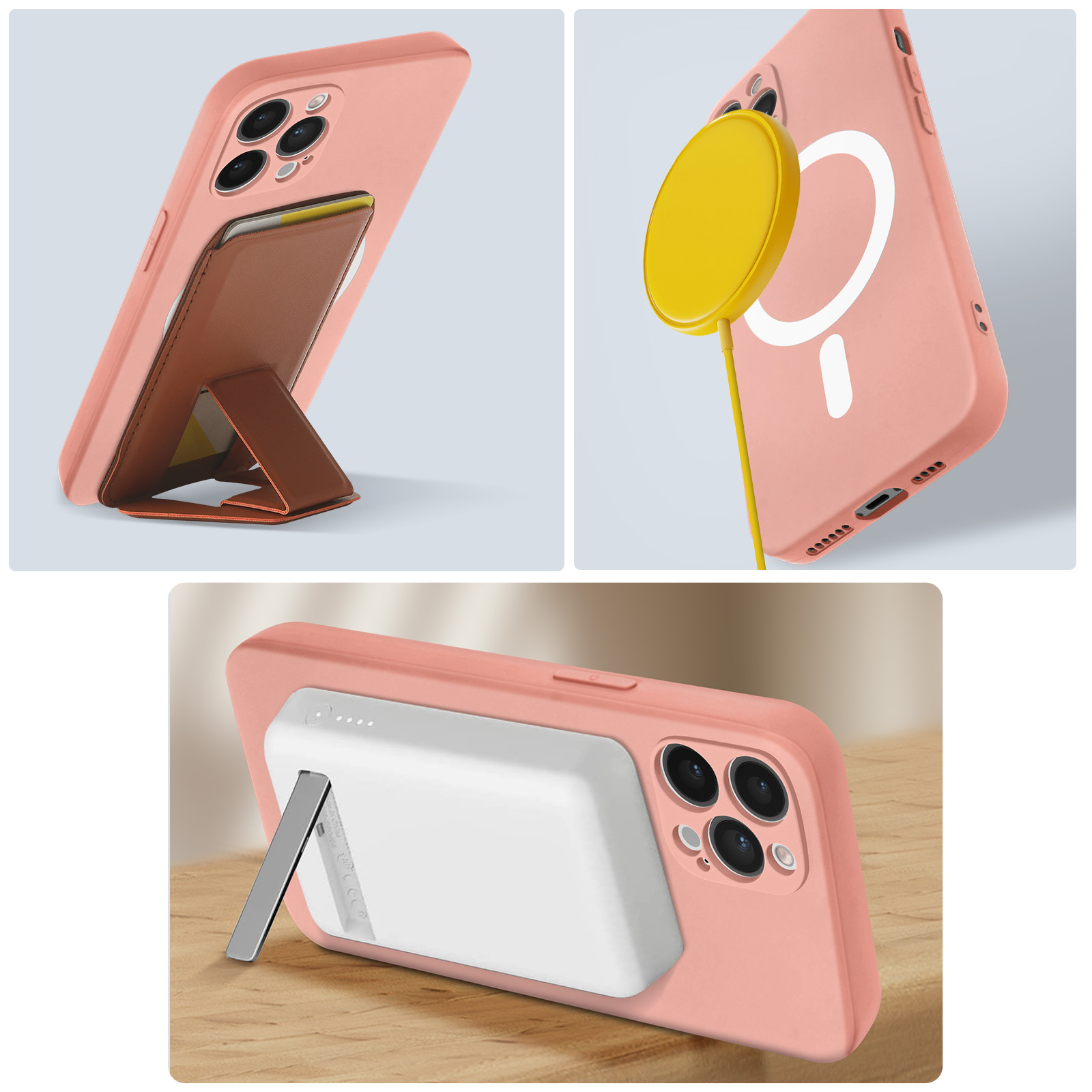 Immagini multiple di una custodia per telefono rosa con accessori: supporto, disco magnetico e caricabatterie.