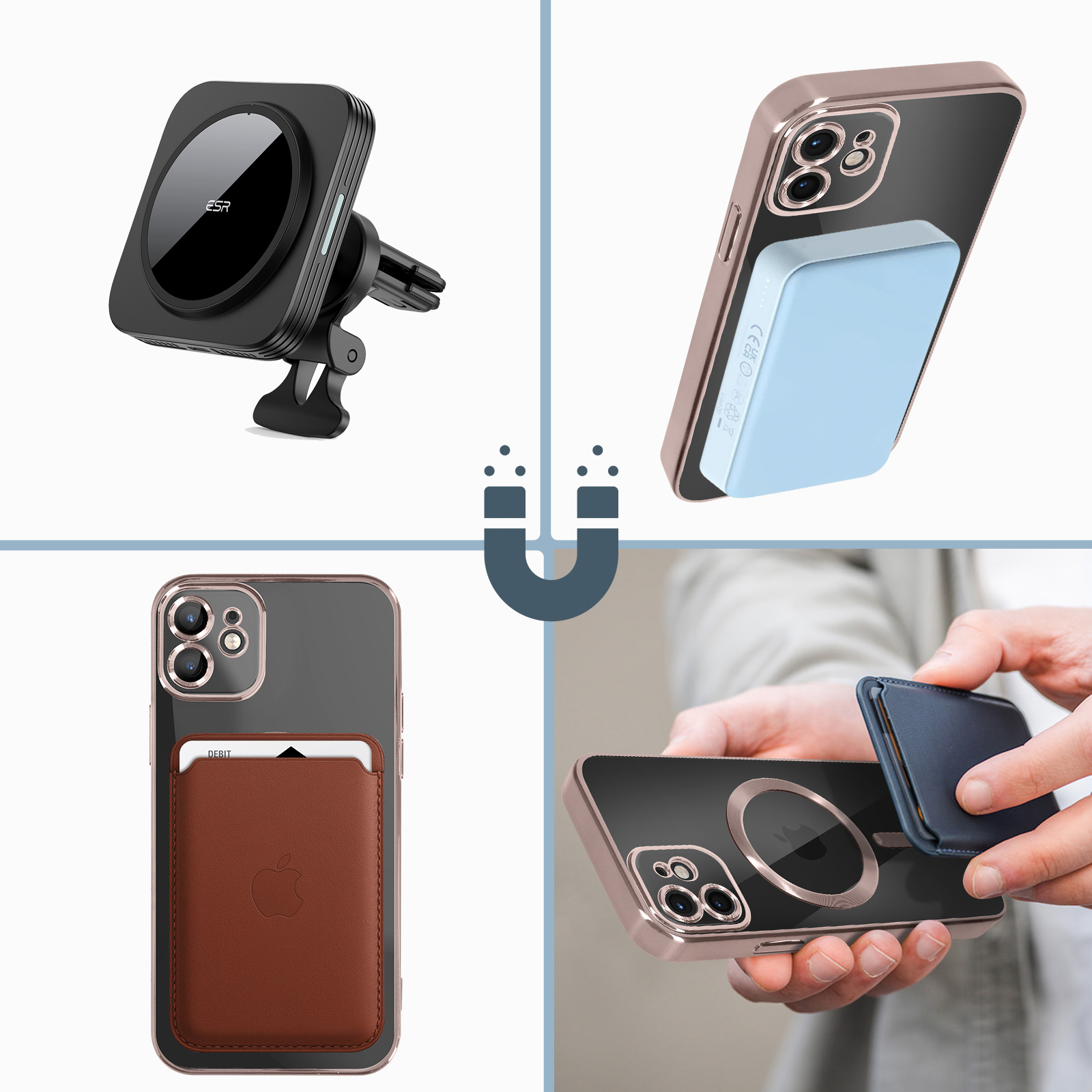 Quattro immagini: accessori per telefoni, tra cui un supporto per auto, una custodia con porta carte e un portafoglio.