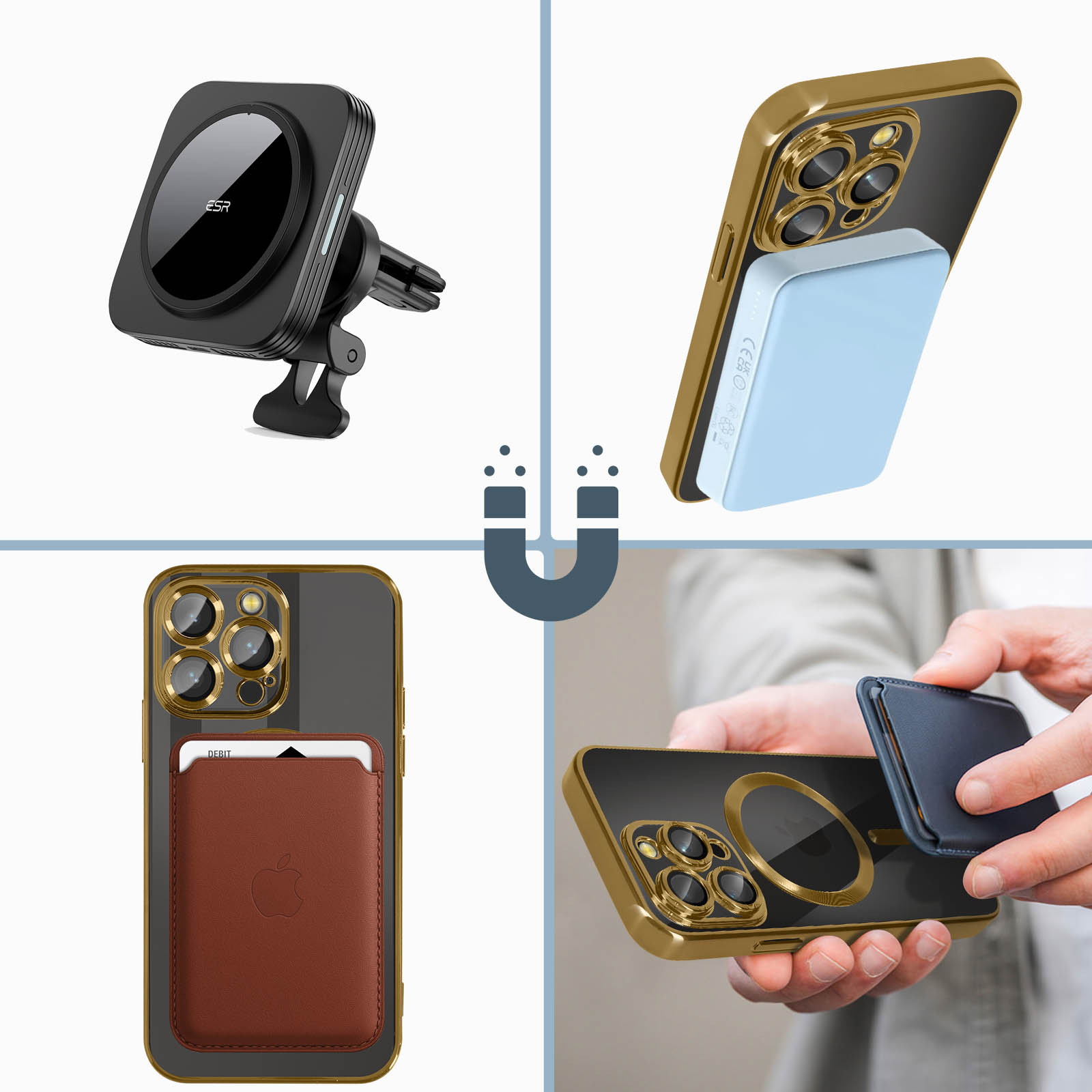 Diversi accessori per telefoni. Supporto per auto, custodia per telefono con porta carte e caricabatterie wireless.