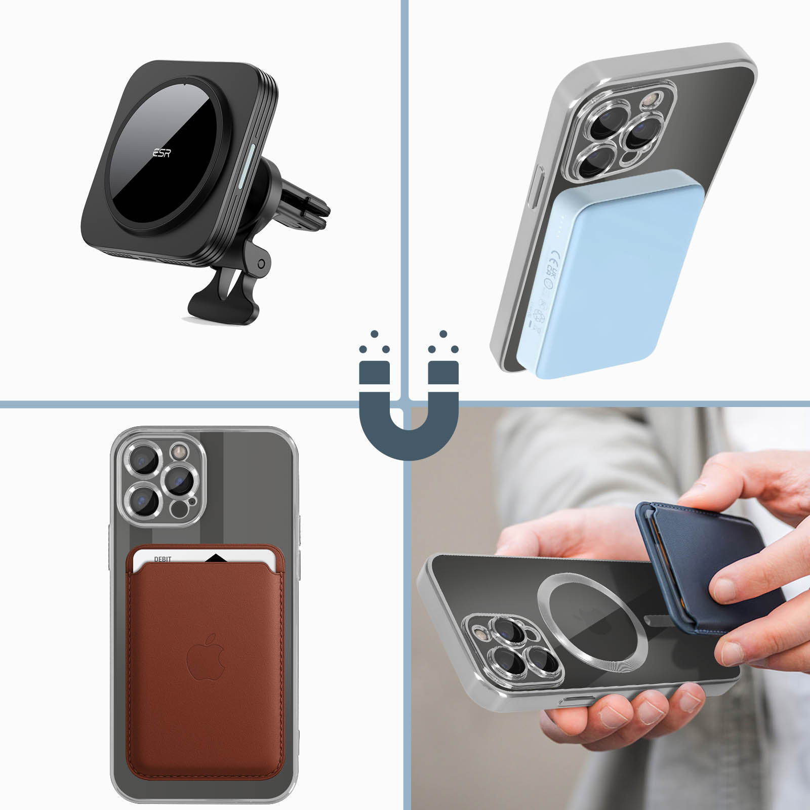 Collage di accessori: supporto per auto, custodia per telefono e porta carte. Vengono utilizzati magneti.