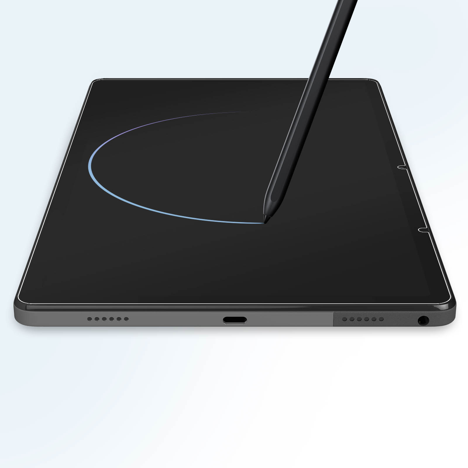 Una tableta negra con un lápiz óptico. El lápiz óptico está flotando sobre la pantalla.