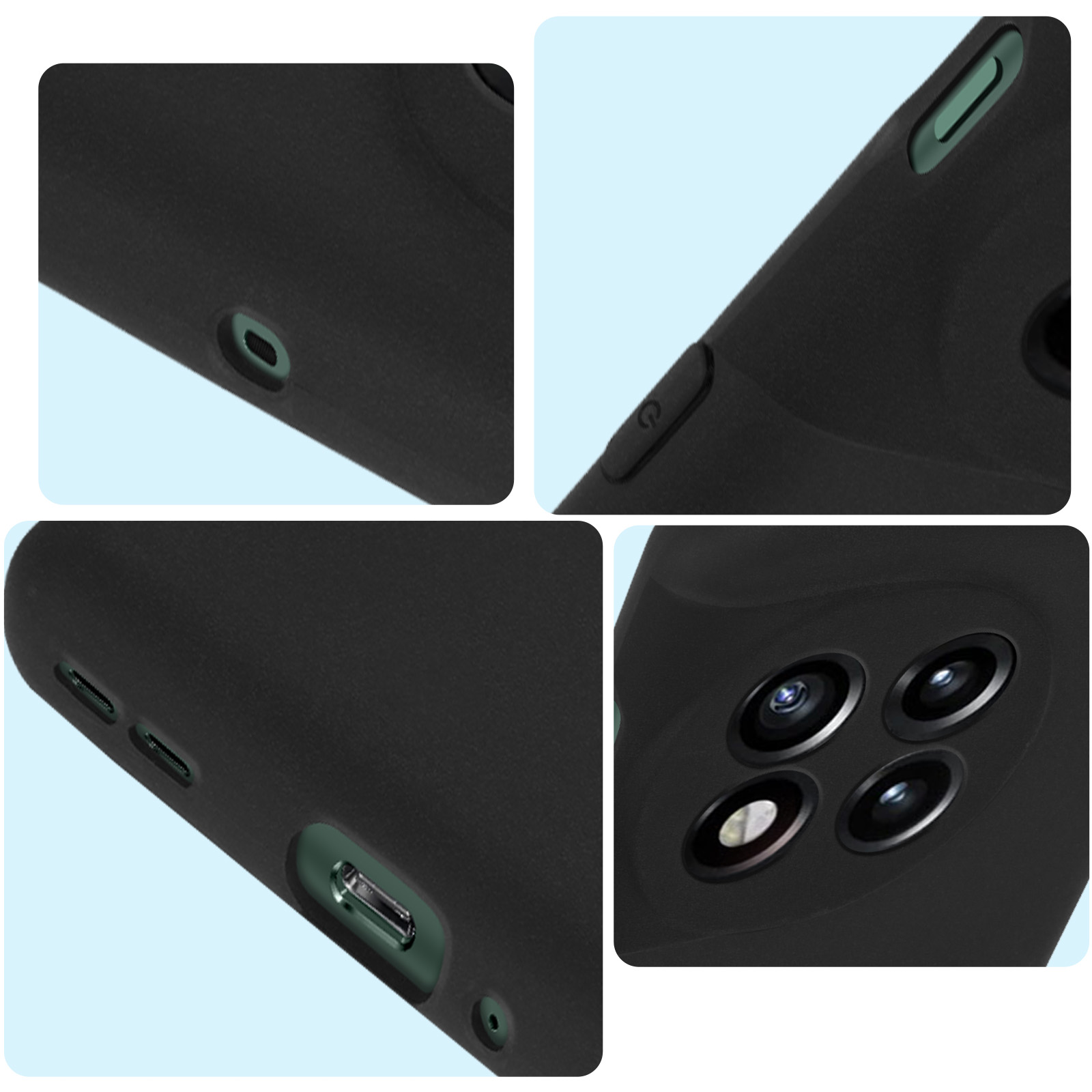 Primo piano di una custodia per telefono nera, che mostra le aperture per il pulsante di accensione, le porte e le fotocamere.