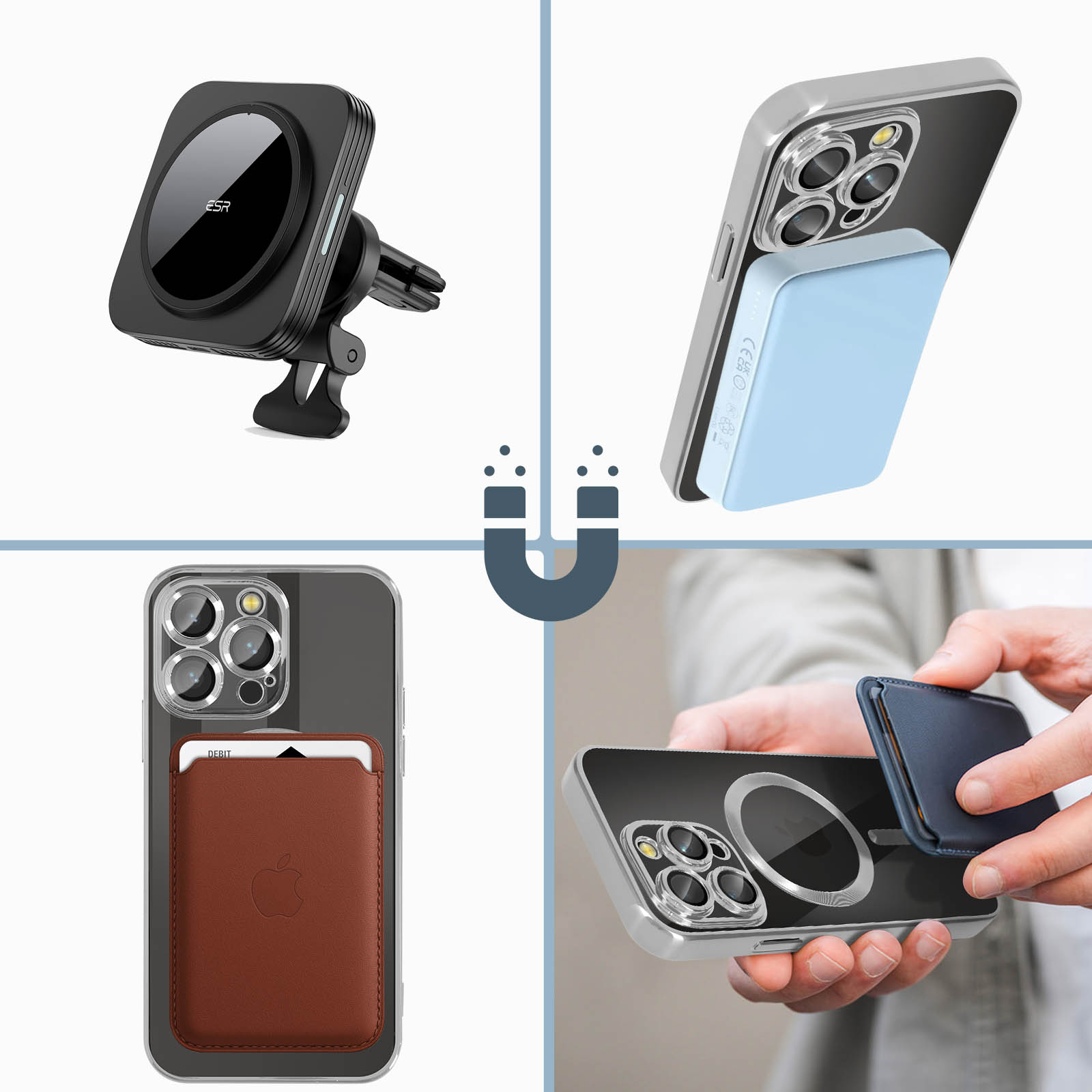Collage d'accessoires pour téléphones : support de voiture, téléphone avec porte-cartes et chargeur sans fil.