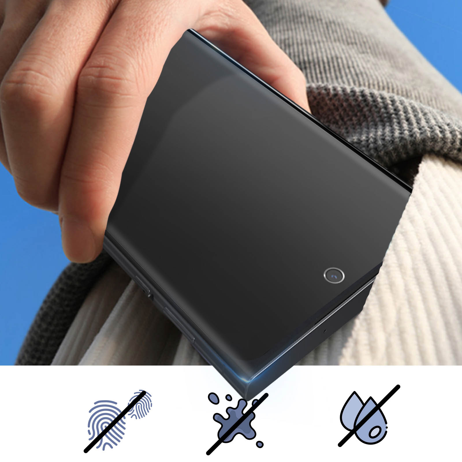 Téléphone noir dans une poche, avec des icônes anti-empreintes, anti-taches et anti-eau.