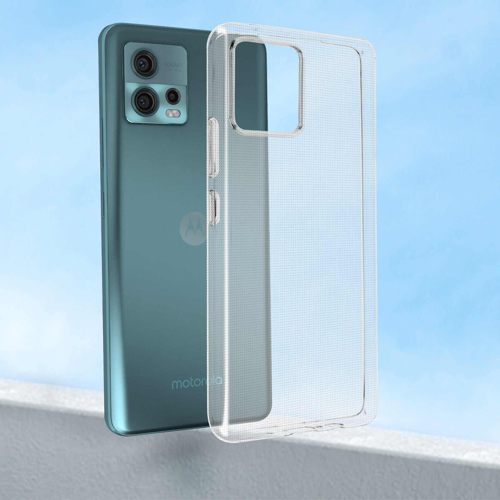 Un telefono e una custodia trasparente. La custodia del telefono è separata.